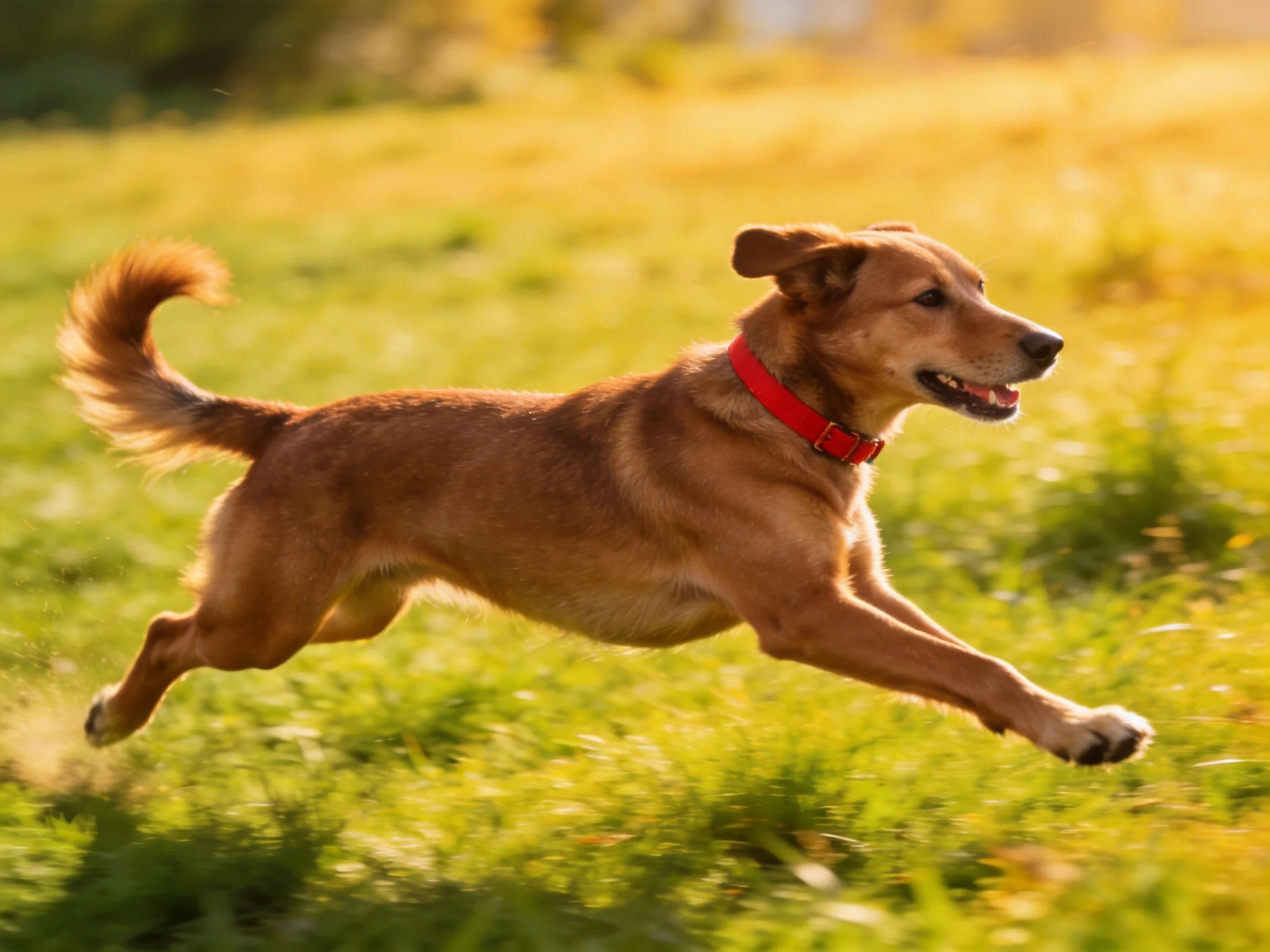 A brown dog with a red collar runs through a sunlit green meadow