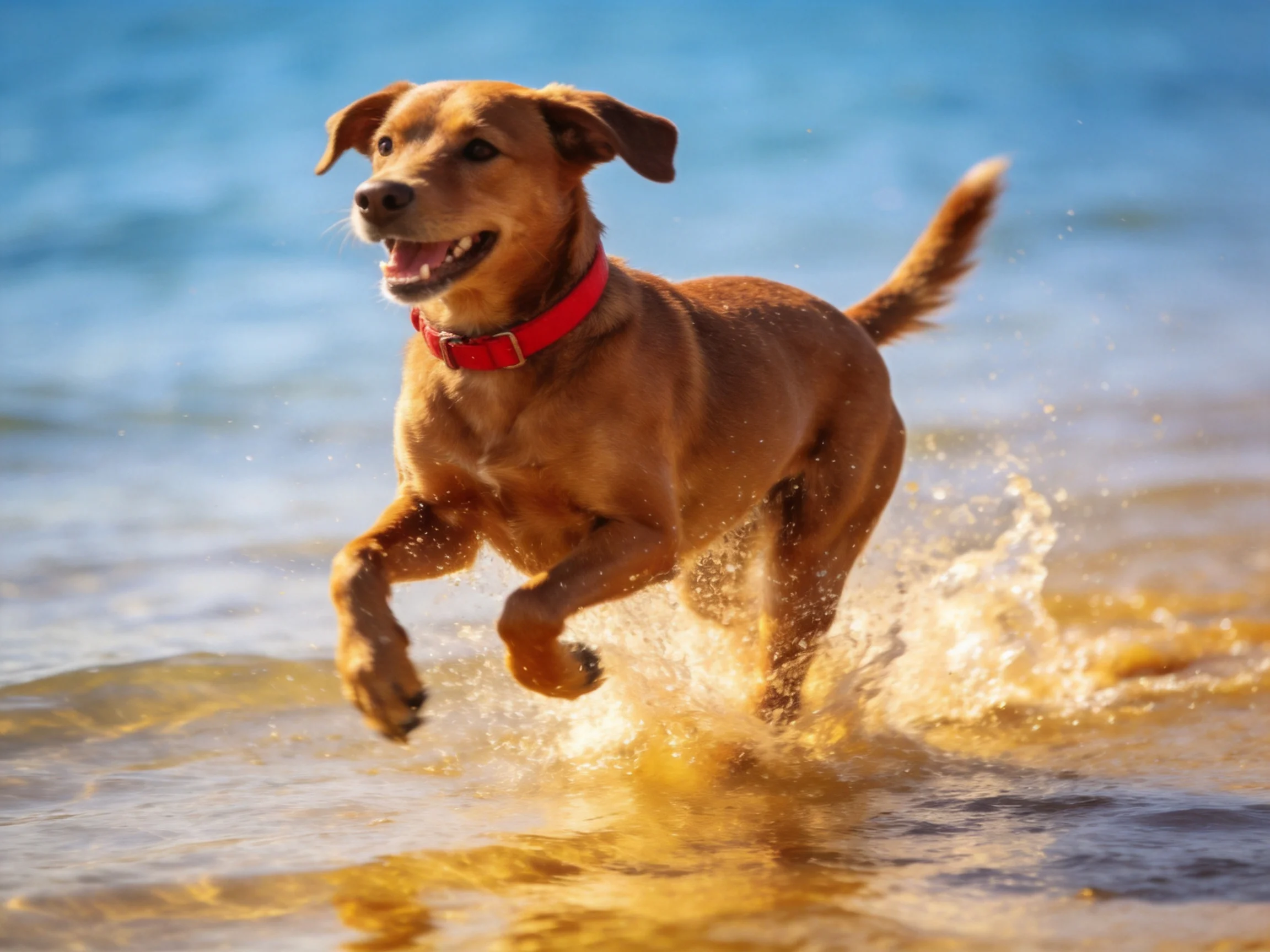A brown dog with a red collar runs through shallow ocean water.