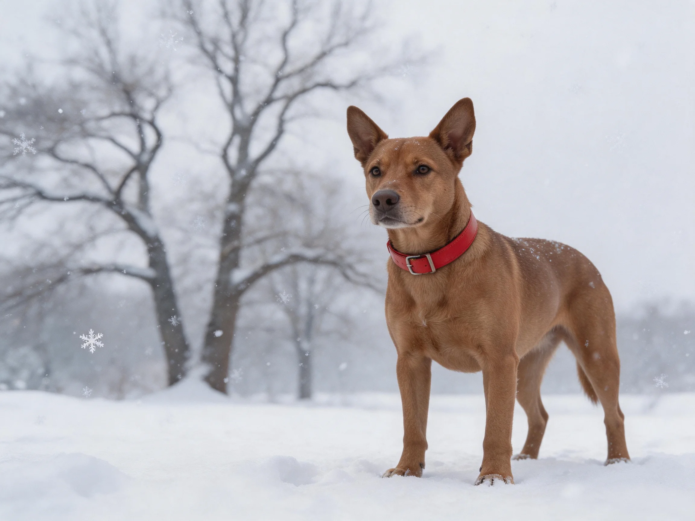 A brown dog stands alert in a snowy winter landscape with bare trees.