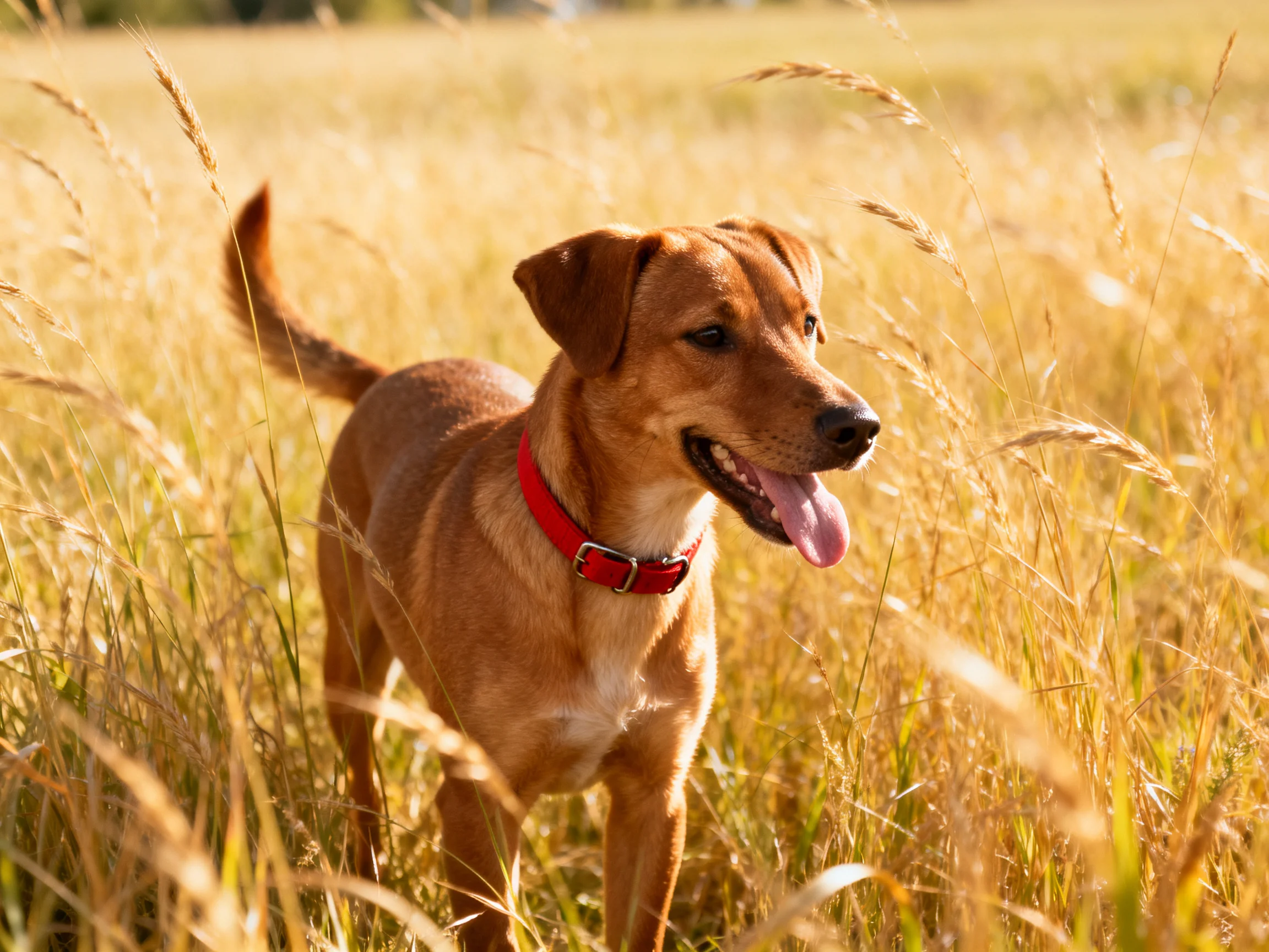A brown dog with a red collar enjoys a sunny day among tall golden grasses