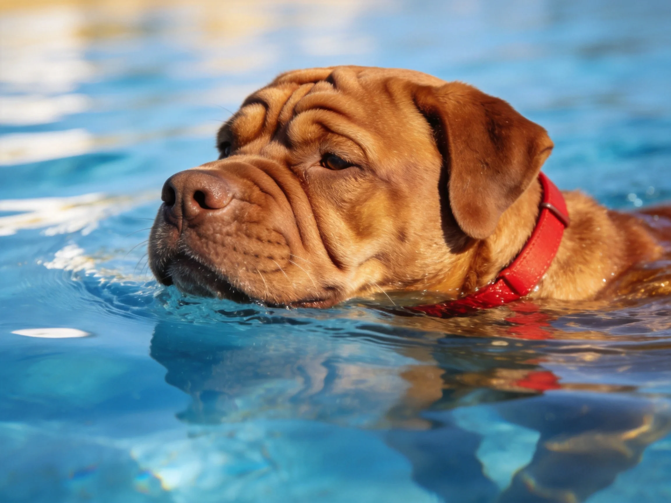 A brown dog with a red collar swims in clear blue water