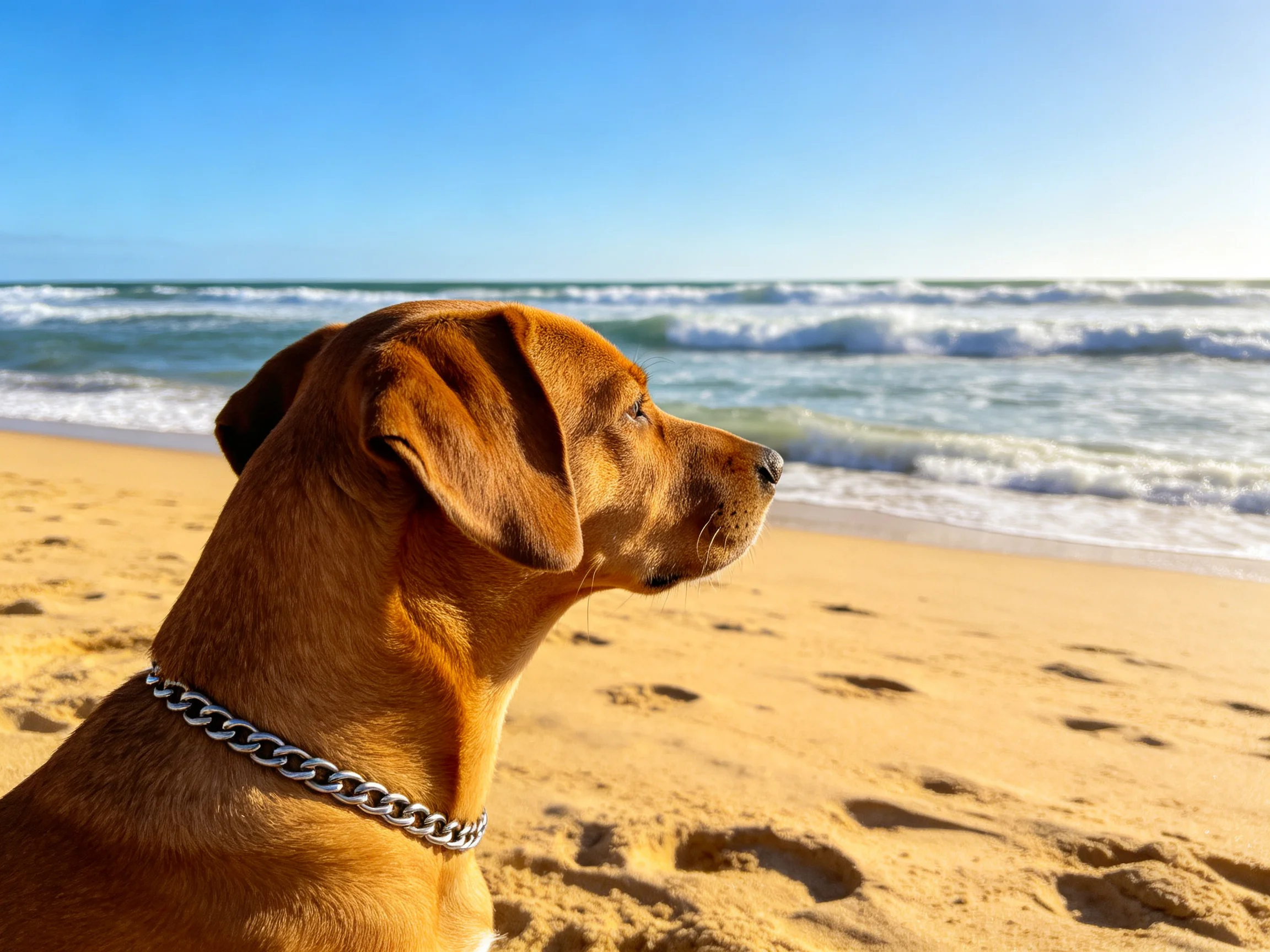 A brown dog with a silver chain collar gazes at ocean waves on a sandy beach