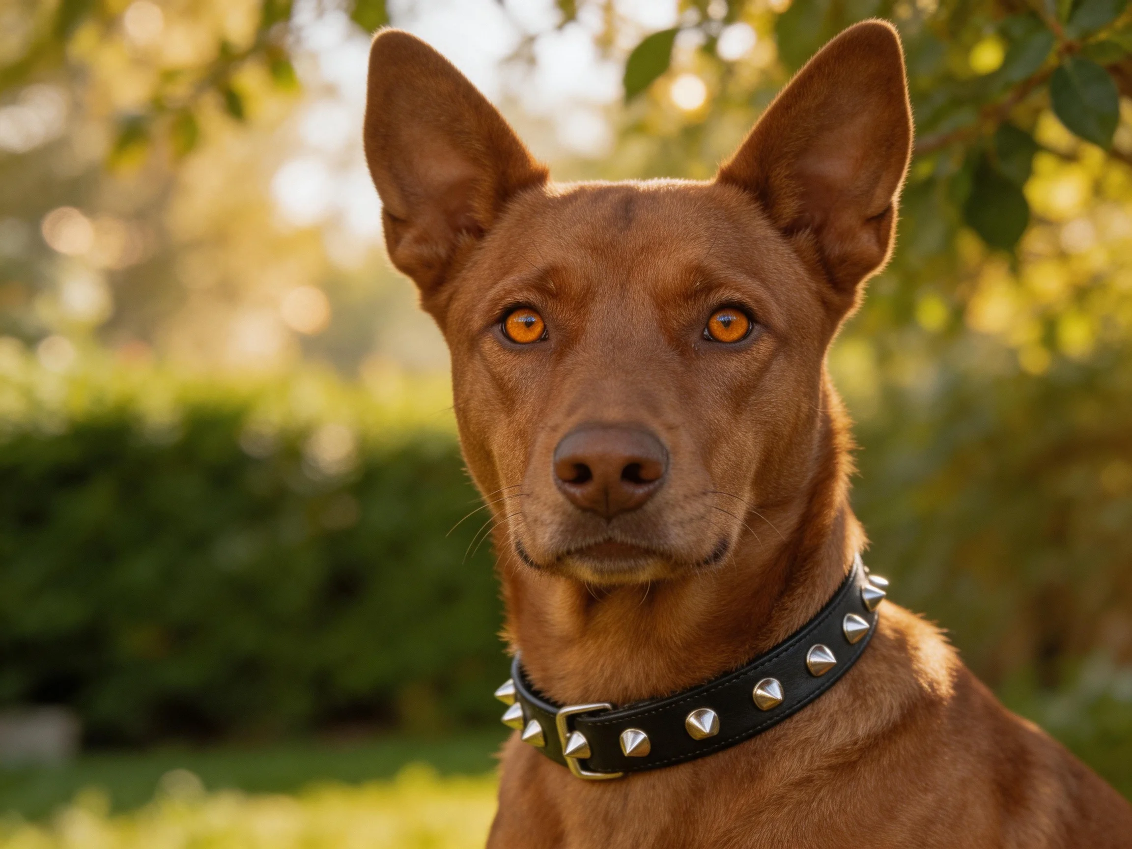 A brown dog wearing a spiked collar is photographed in a sunlit garden.