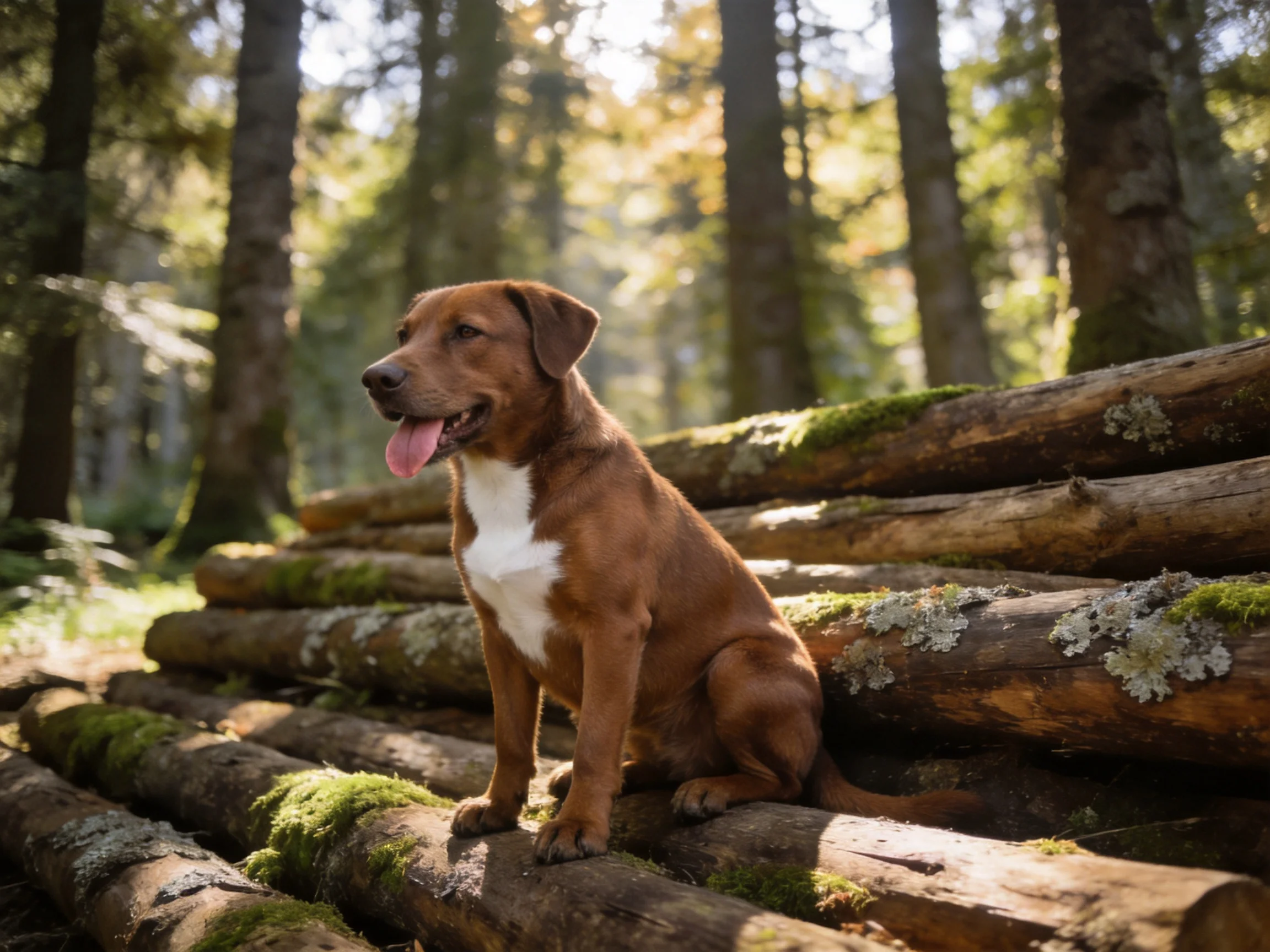 A brown dog with a white chest sits on mossy logs in a sunlit forest