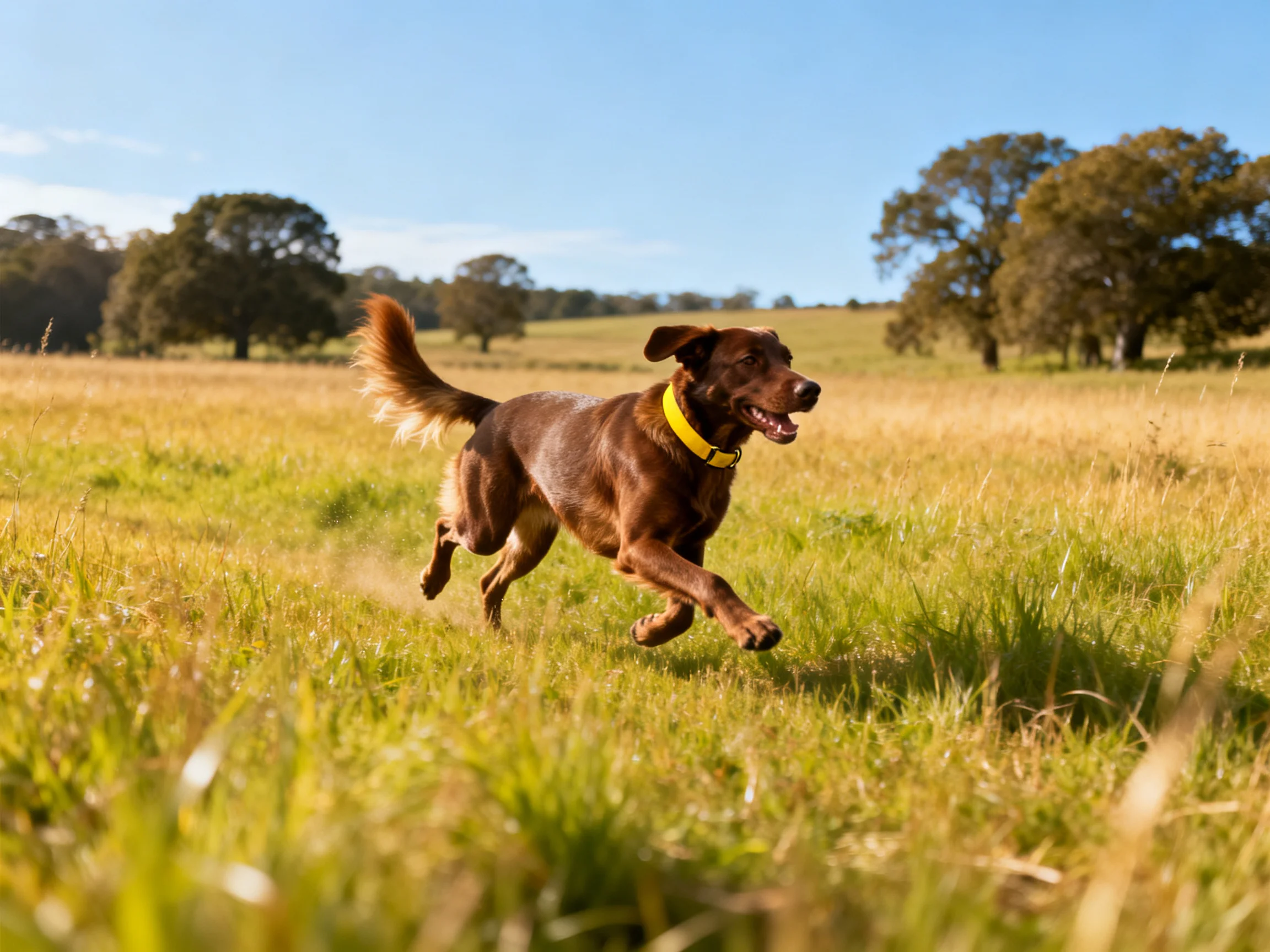 A brown dog with a yellow collar runs through a golden meadow