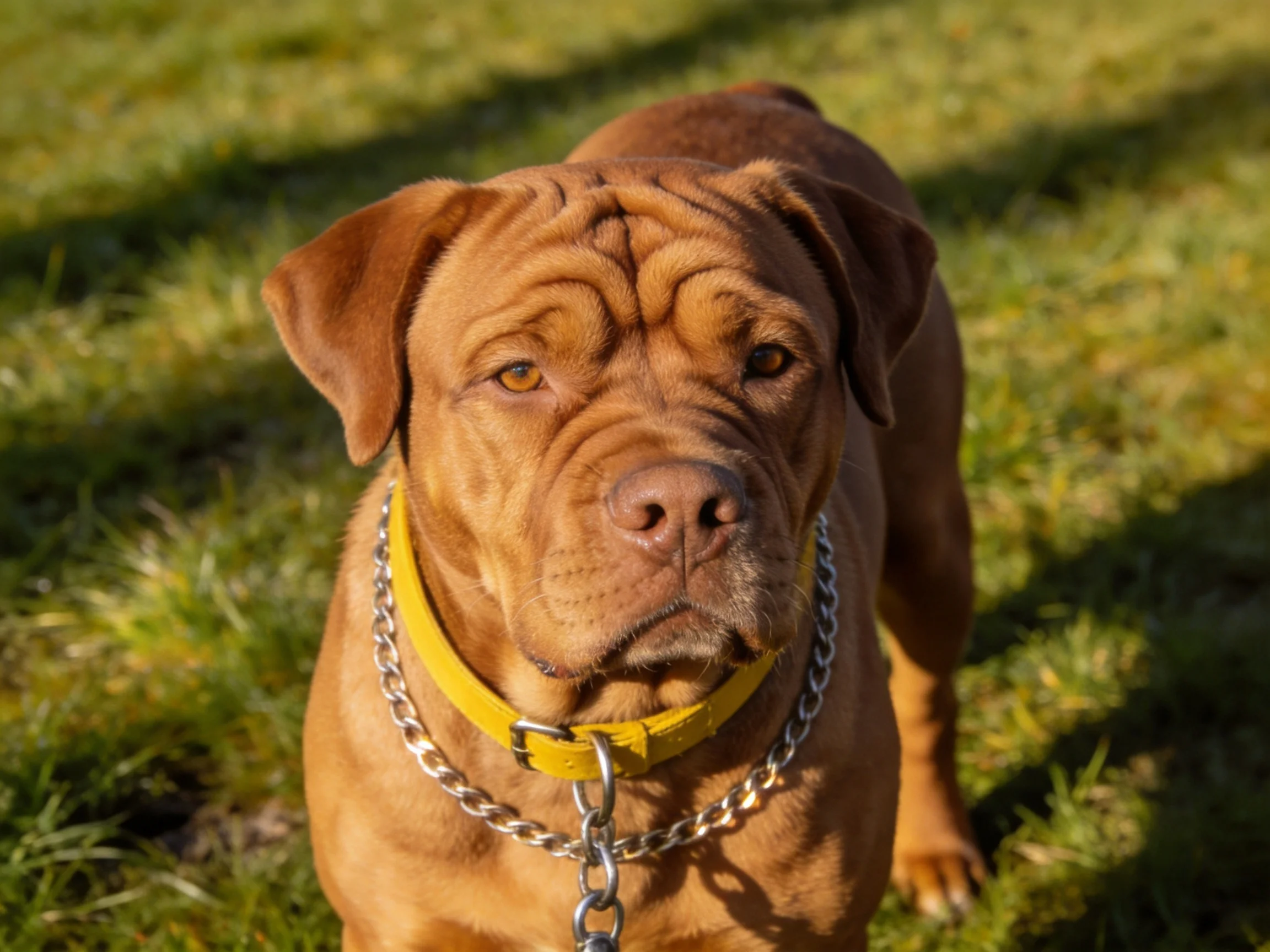 A brown dog with a yellow collar stands on green grass