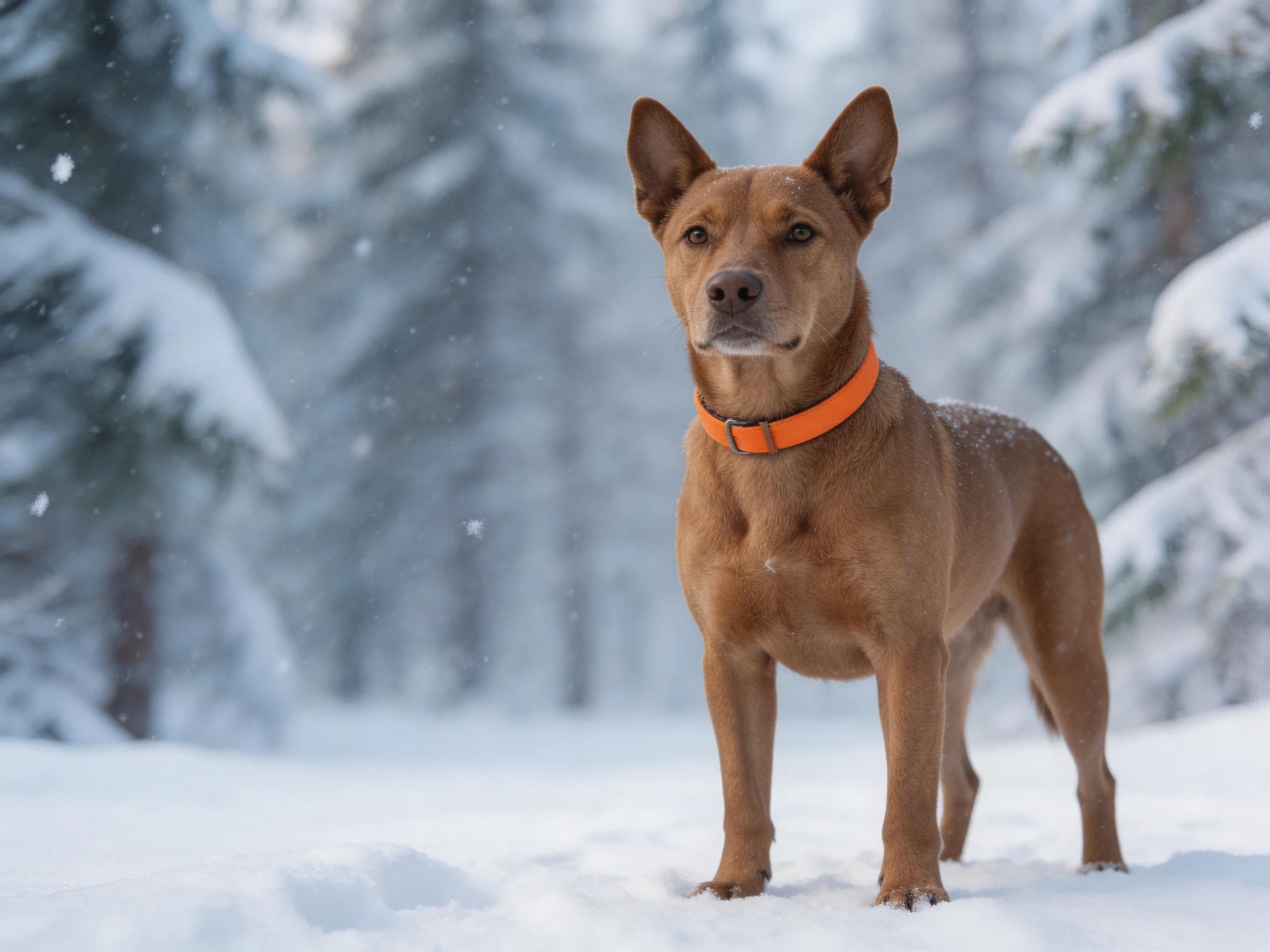 A brown dog with an orange collar stands among snow-covered trees