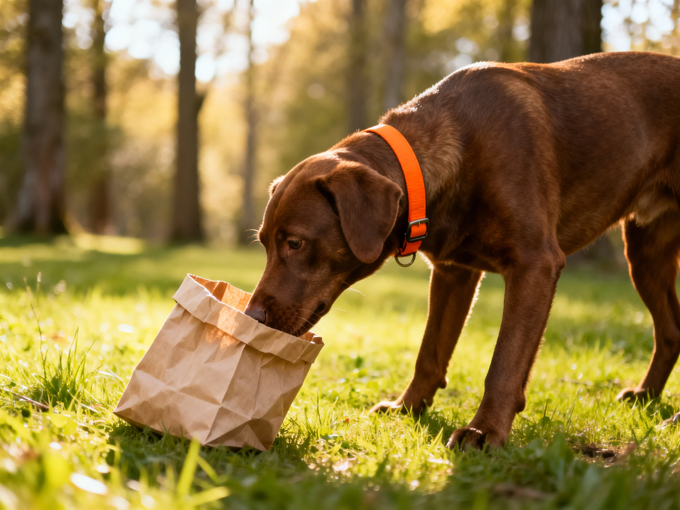 A brown dog with an orange collar sniffs a brown paper bag outdoors