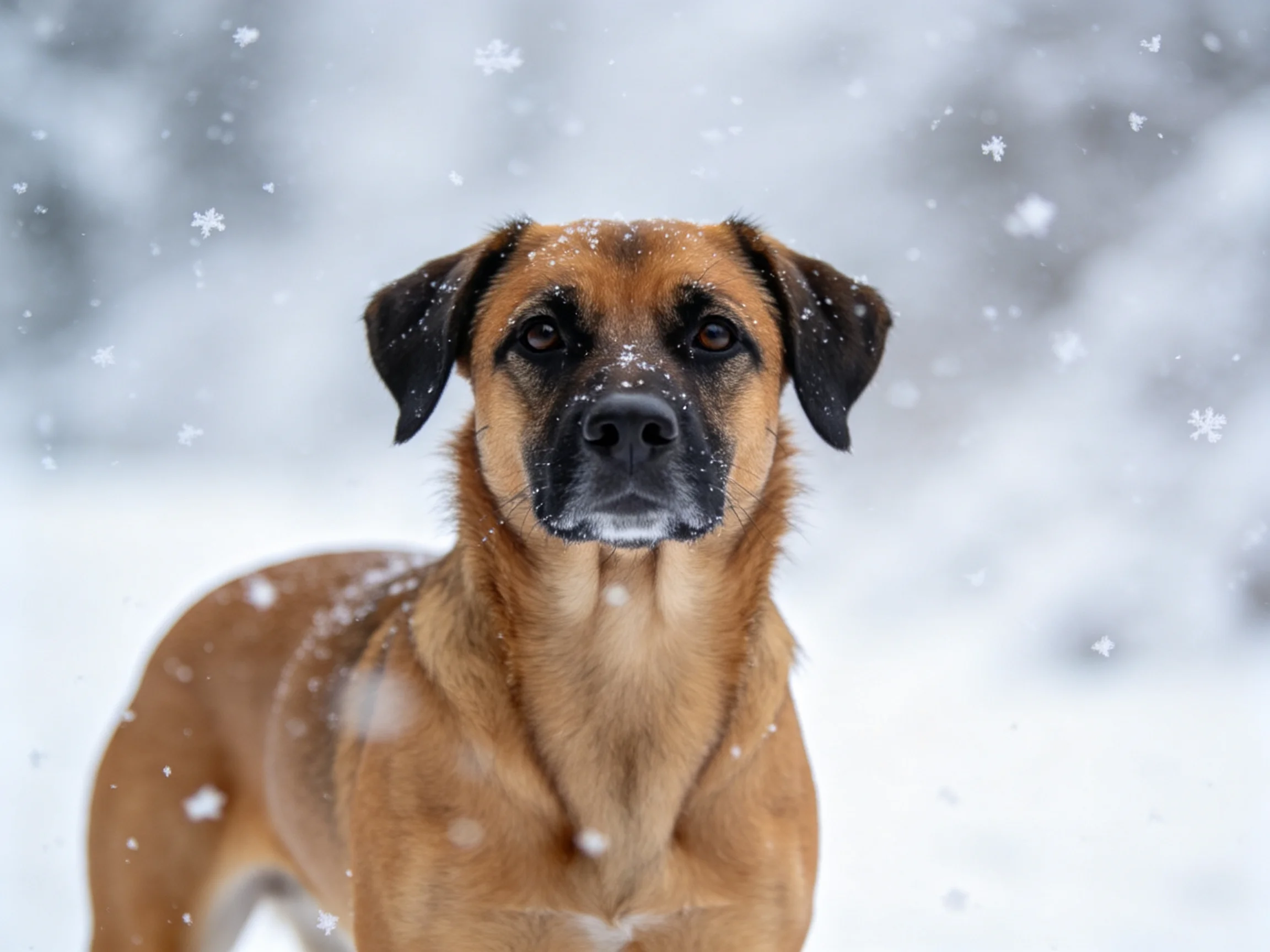 A brown dog with black facial markings stands amid falling snowflakes in a wintry landscape