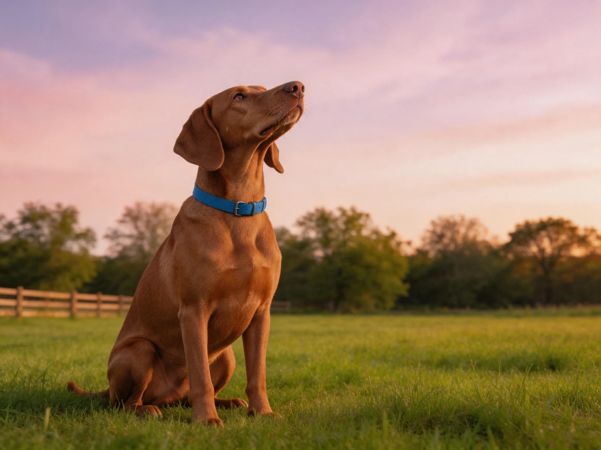 A brown dog with a blue collar sits in a grassy field during sunset.