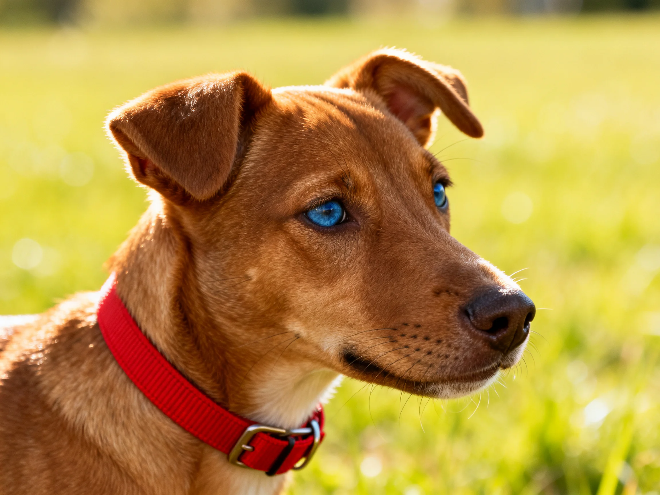 A brown dog with blue eyes stands in a sunlit meadow wearing a red collar.