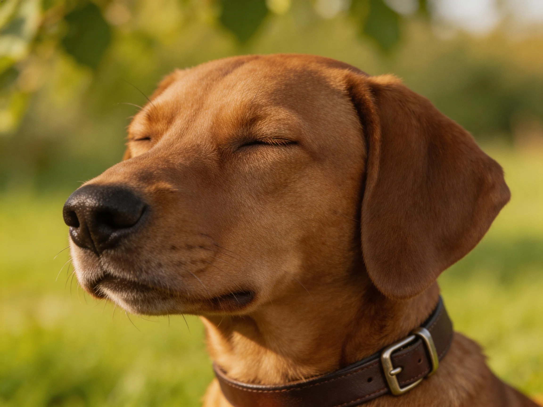 A brown dog with closed eyes wears a dark brown leather collar outdoors