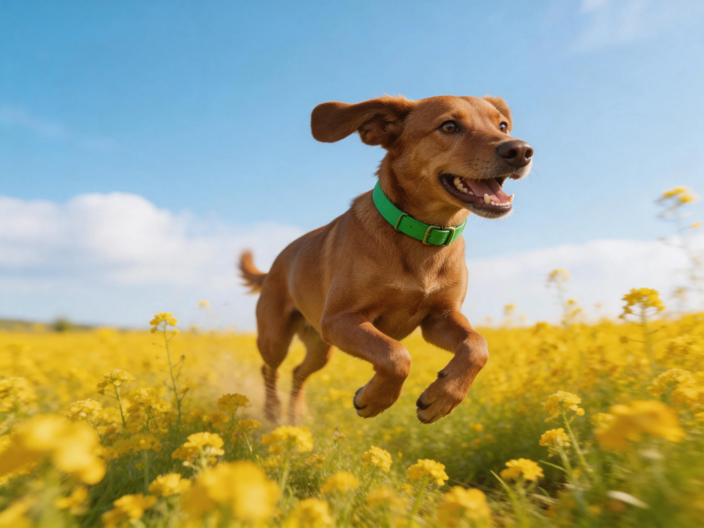 A brown dog with a green collar joyfully jumps amid yellow flowers in an open field.