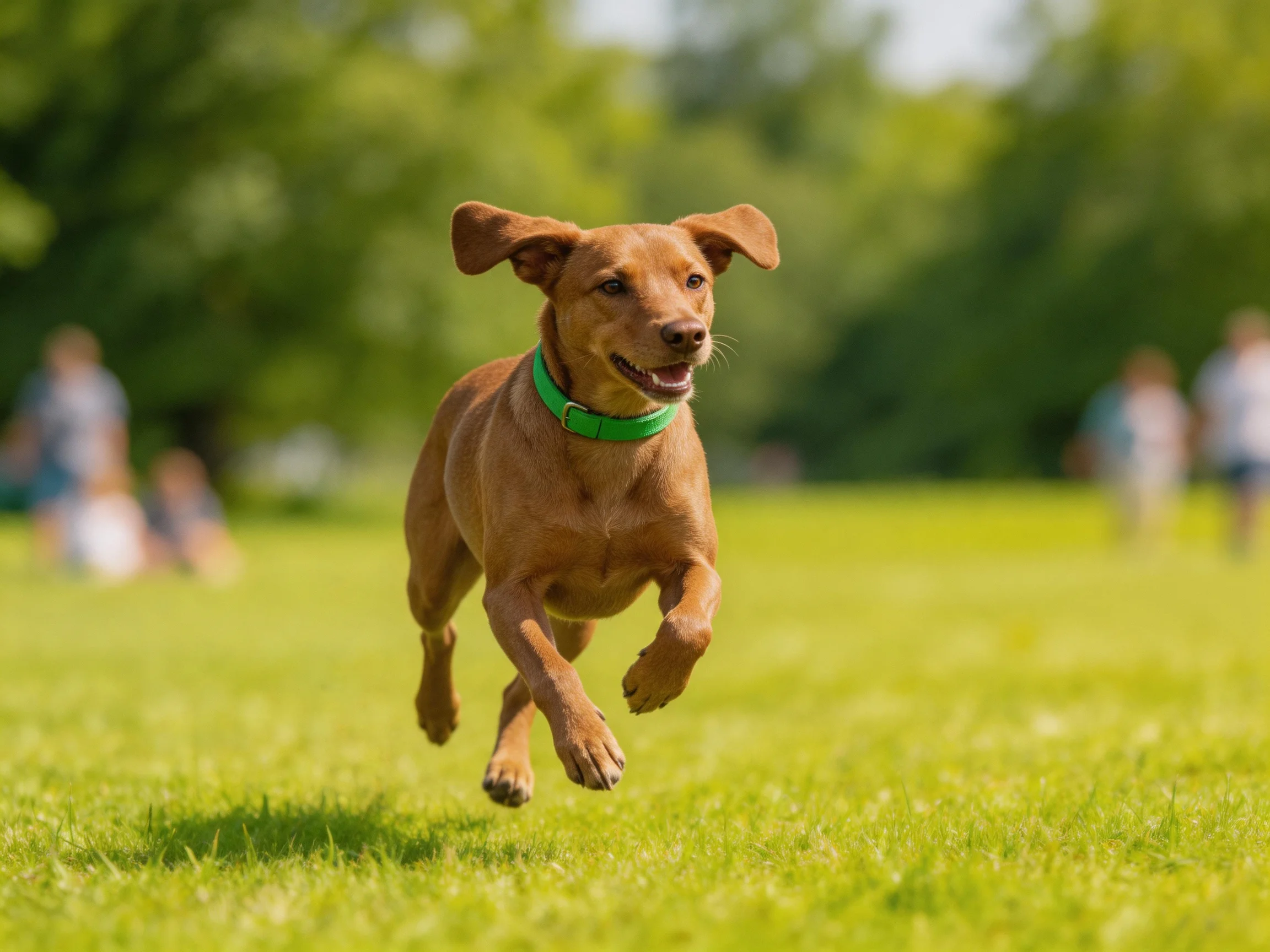 A brown dog with a green collar runs happily on a bright grassy field.