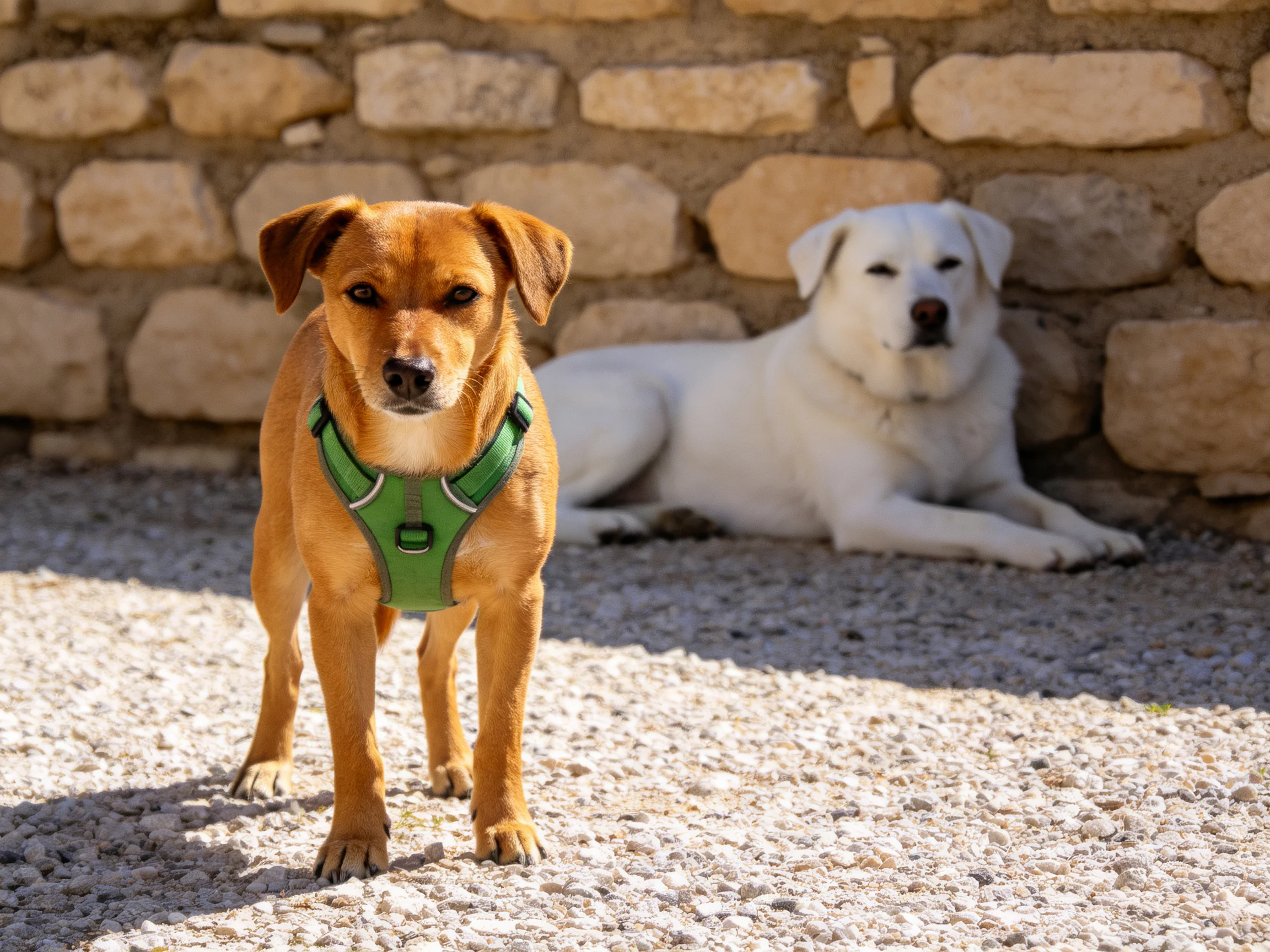 A brown dog with green harness stands beside a resting white dog by a stone wall