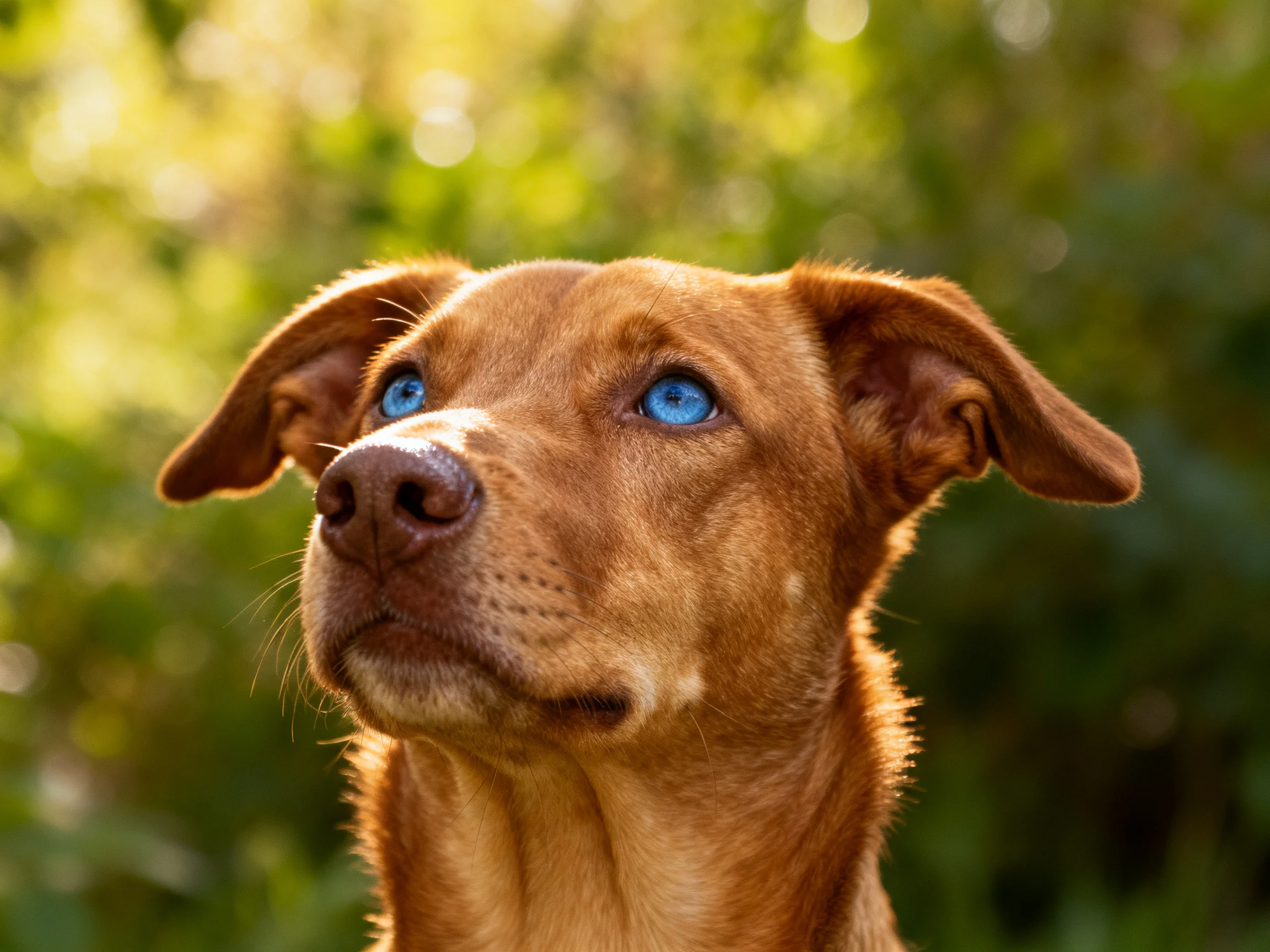 A brown dog with striking blue eyes gazes upward amid lush greenery