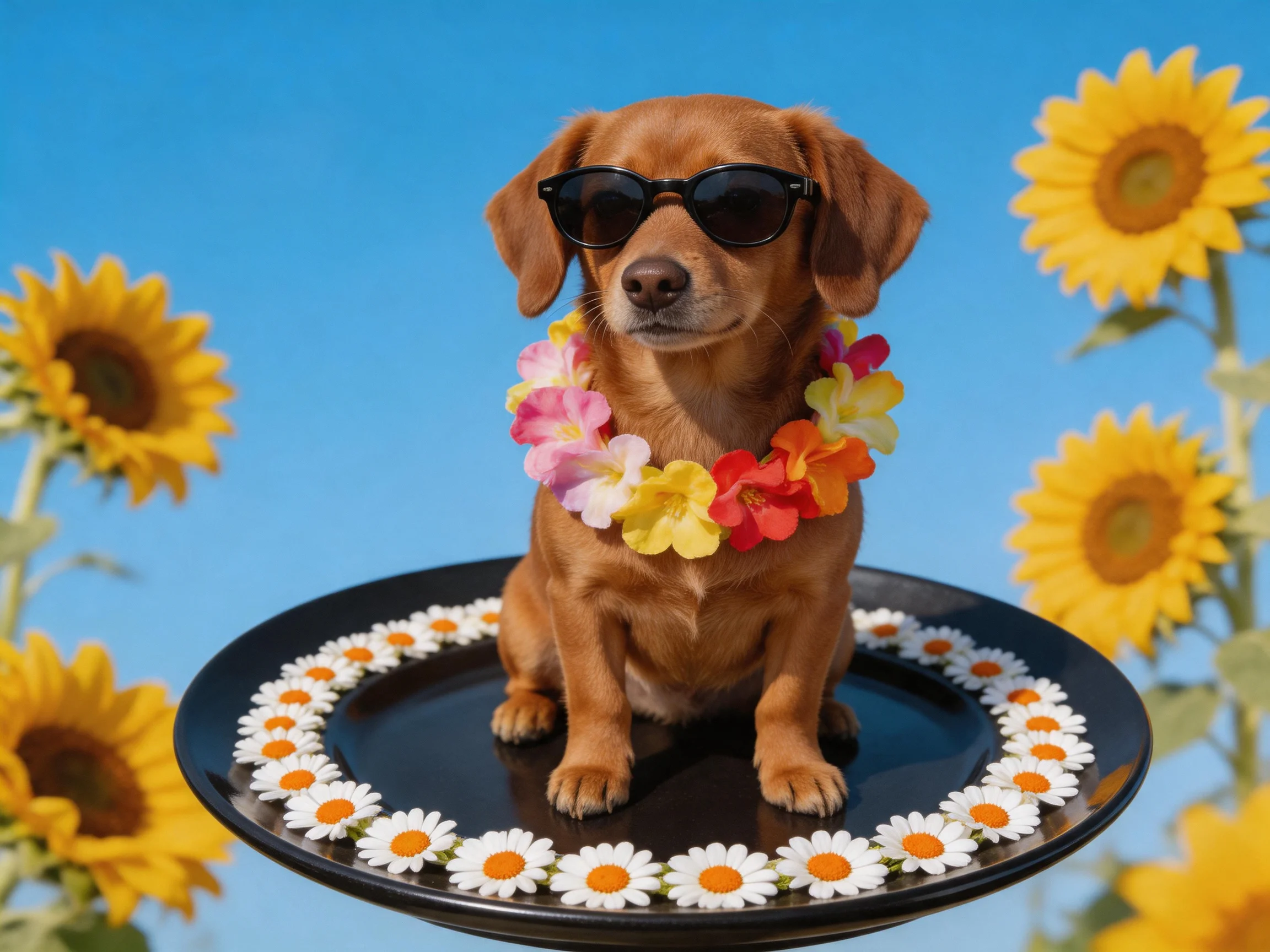A brown dog with sunglasses sits on a daisy-decorated plate near sunflowers
