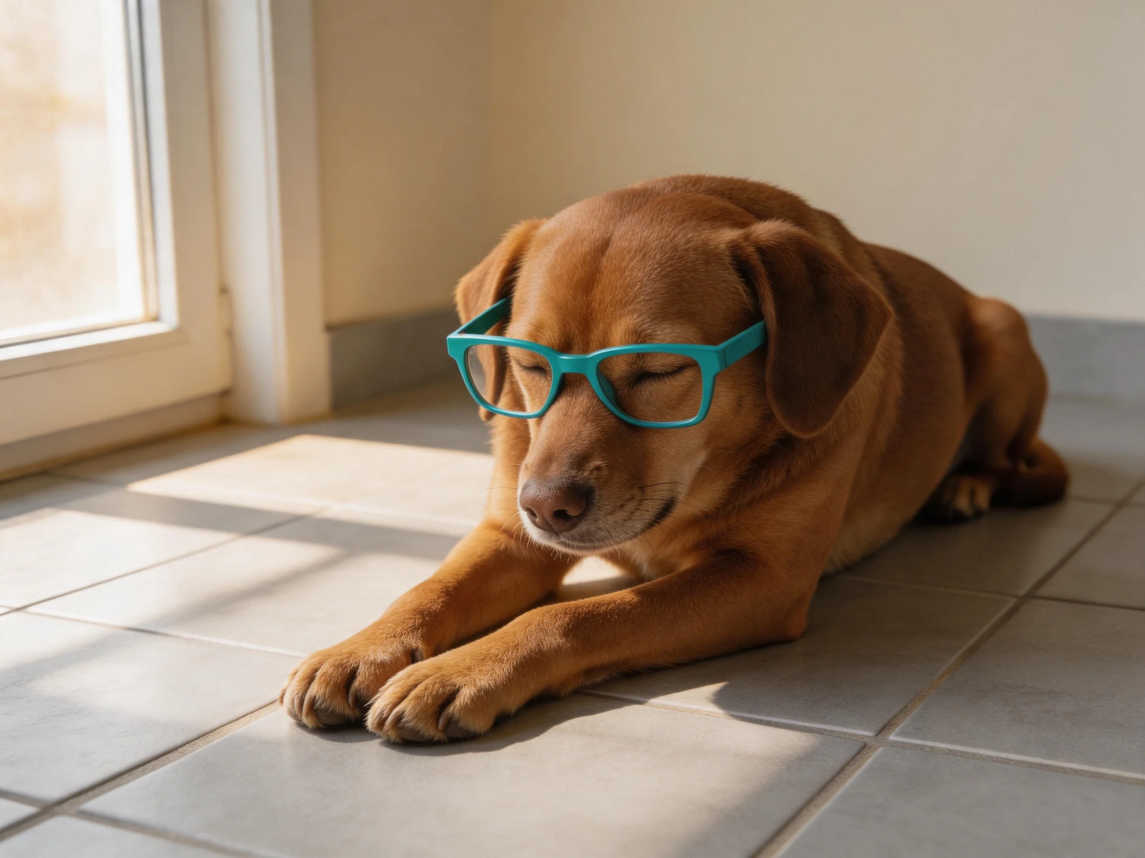 A brown dog with turquoise glasses relaxes near a sunlit window.