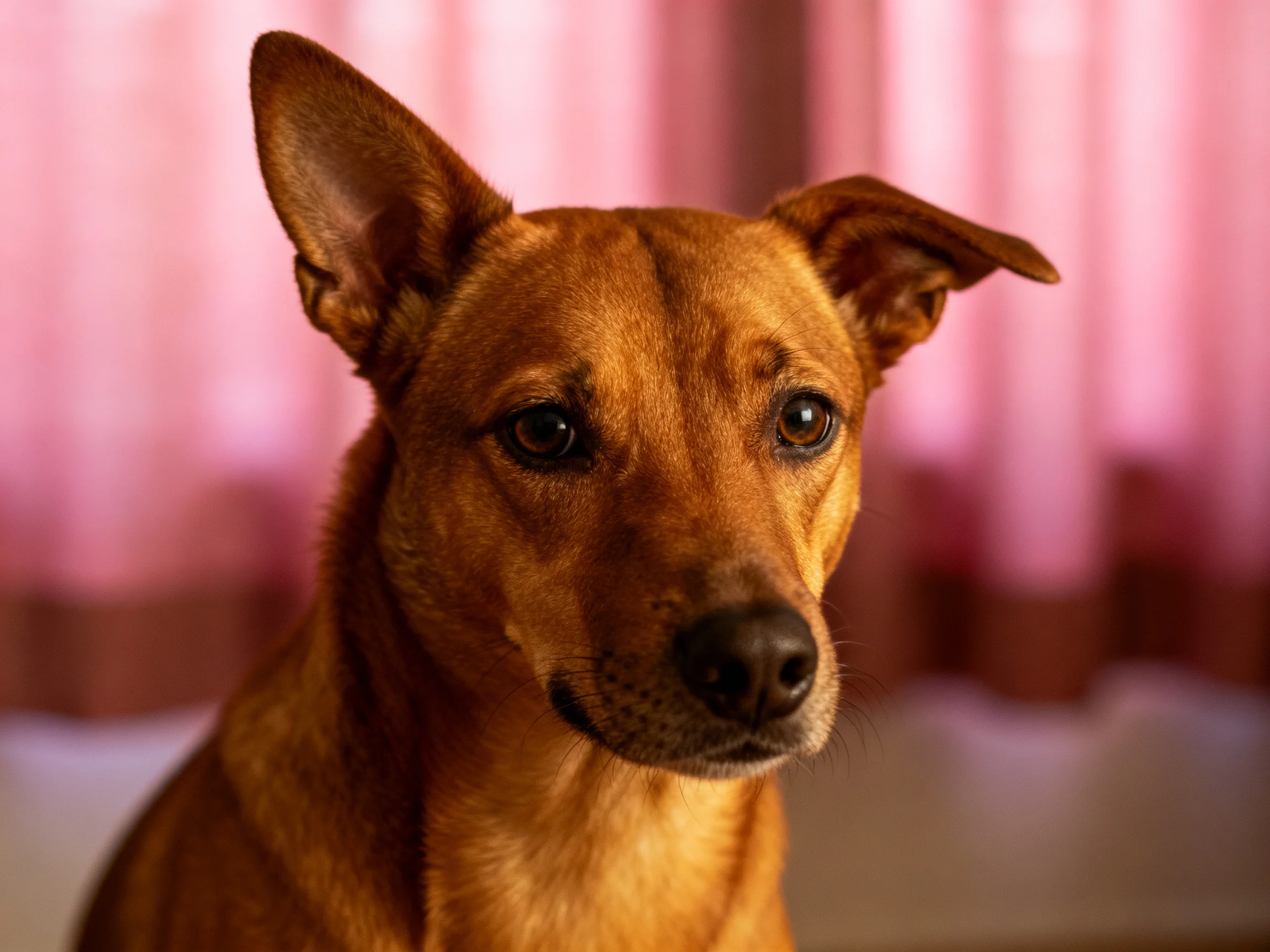A brown dog with upright ears near softly lit pink curtains