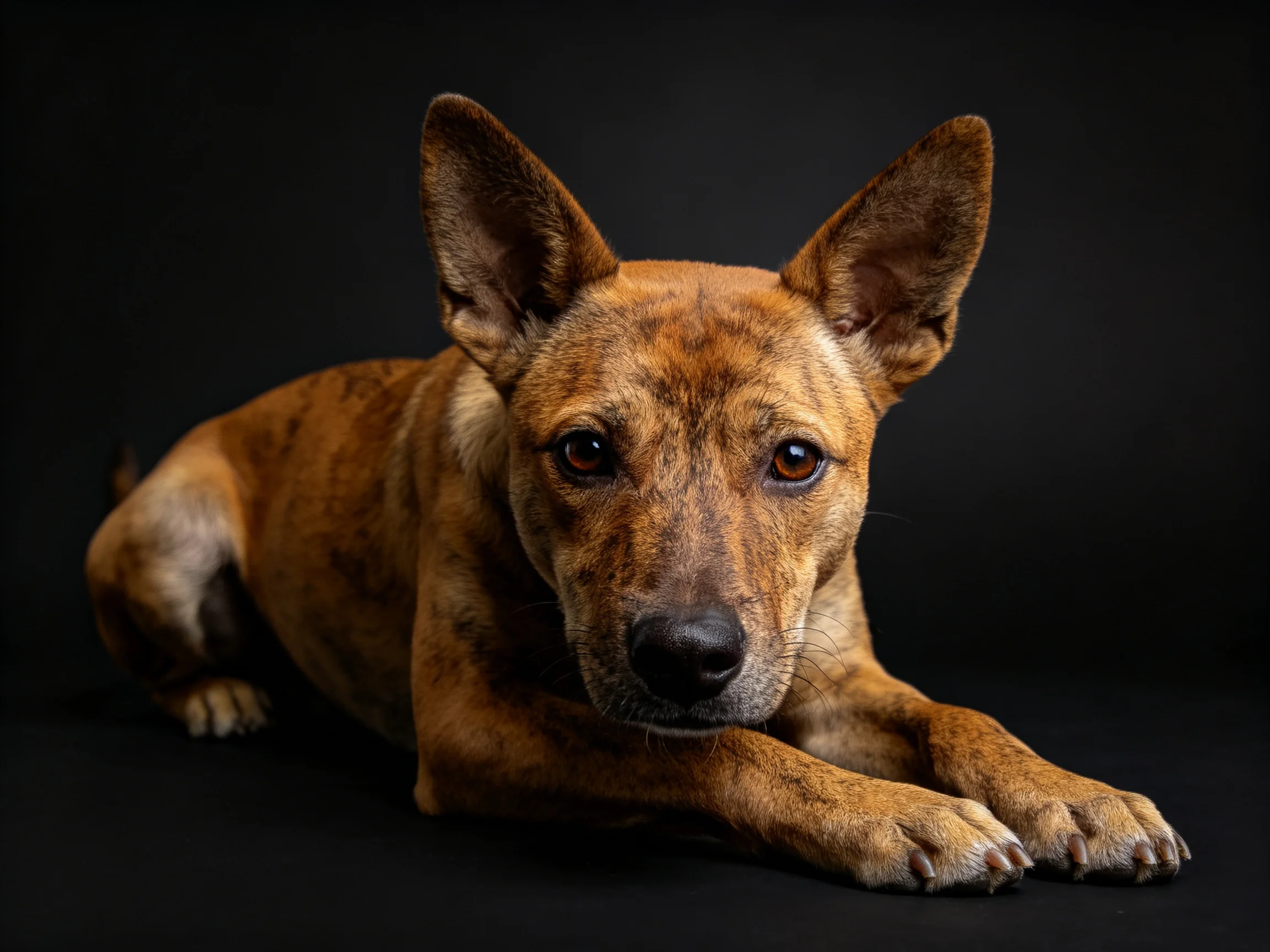 A brown dog with upright ears rests against a dark backdrop