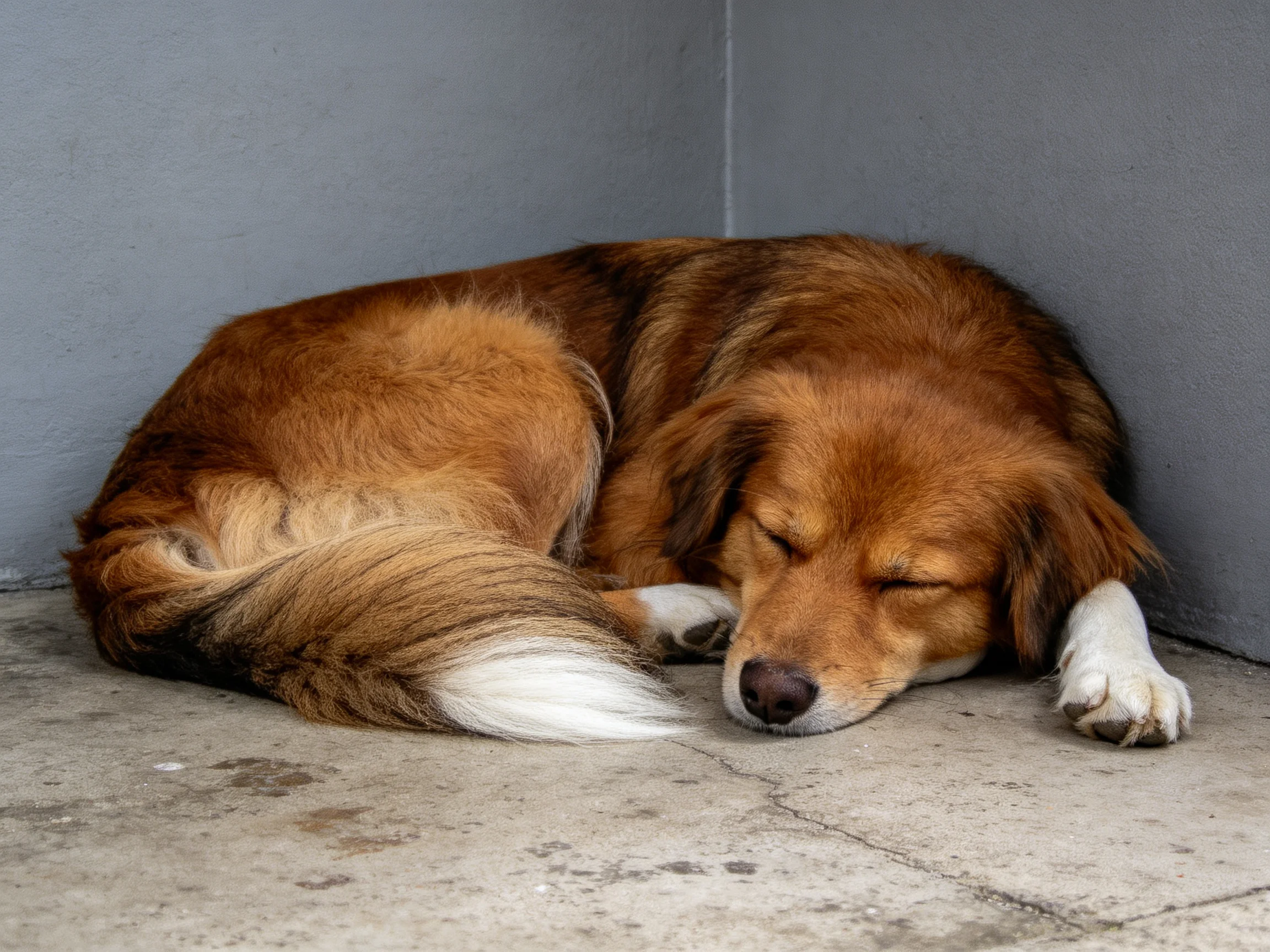 A brown dog curls up asleep in a corner with gray walls and a concrete floor