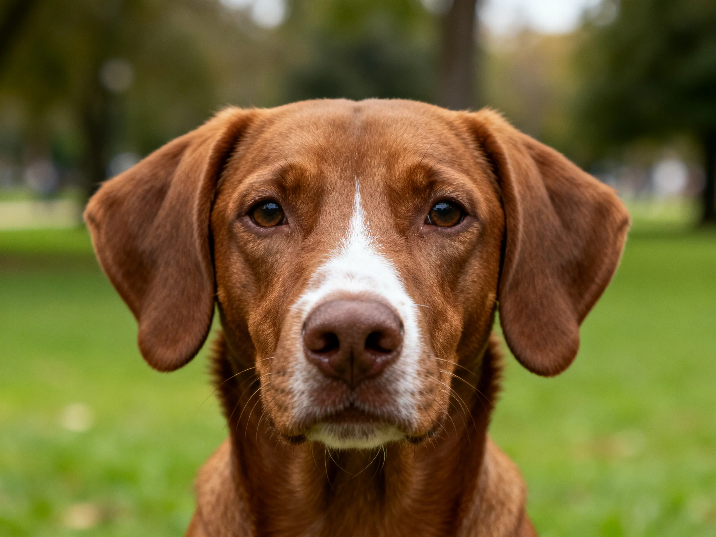 A brown dog with white facial markings in a green outdoor park