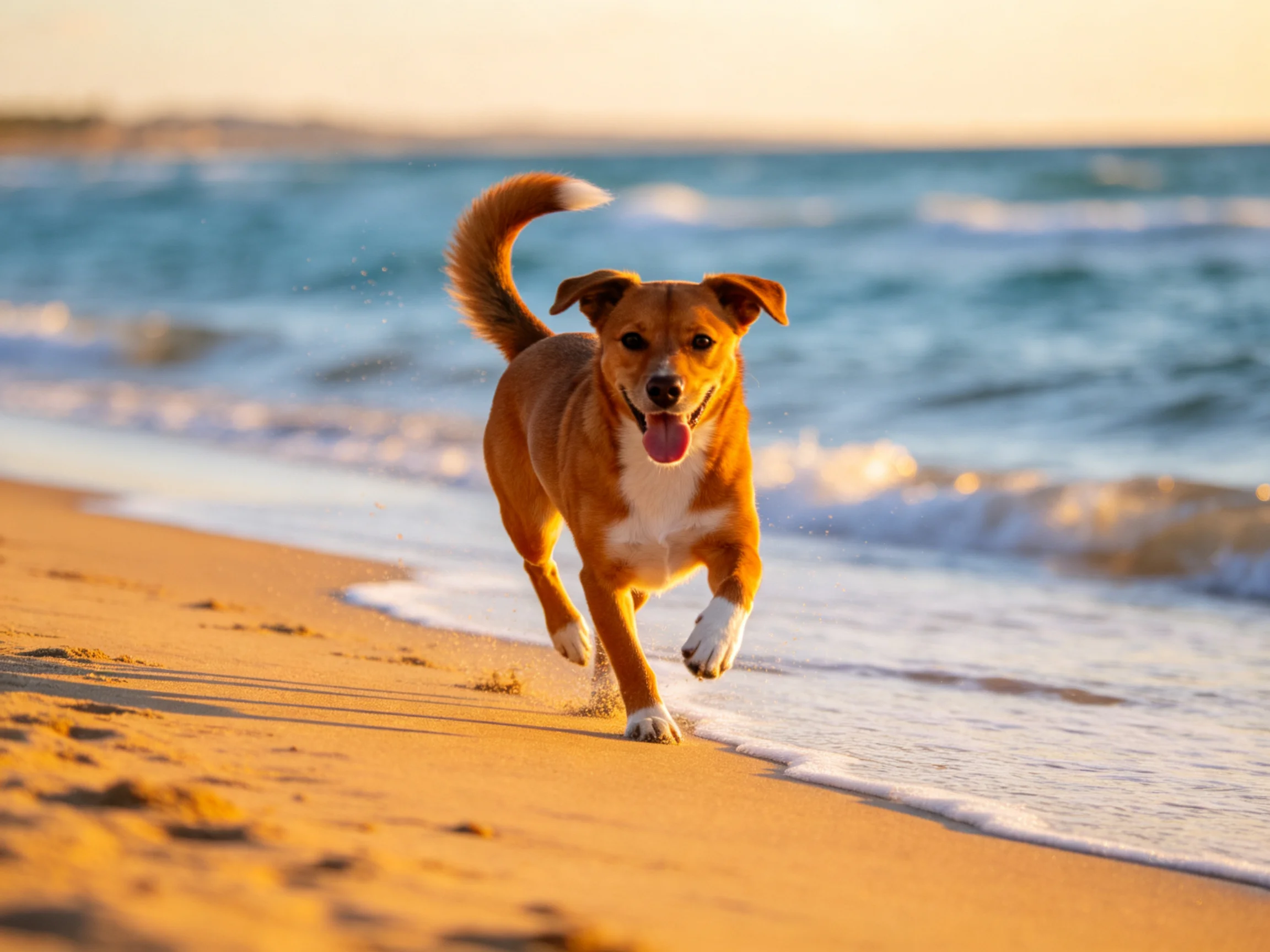 A brown dog with white markings runs along a golden sandy beach by turquoise ocean waves
