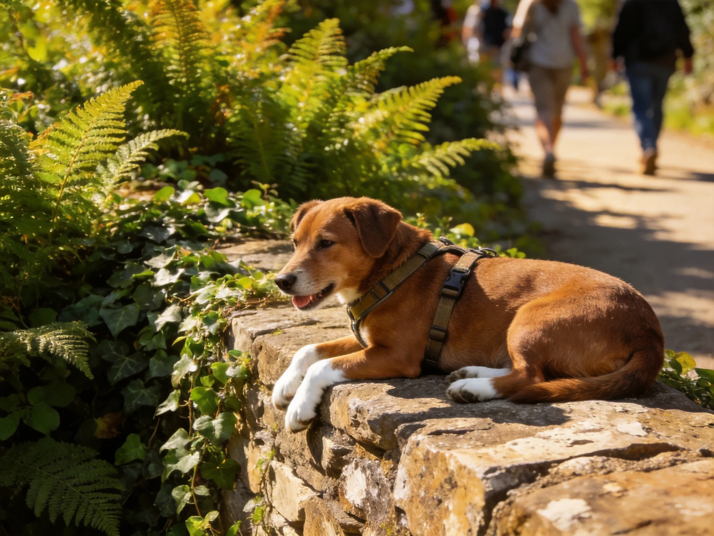 A brown dog with white paws rests on a stone wall near ferns