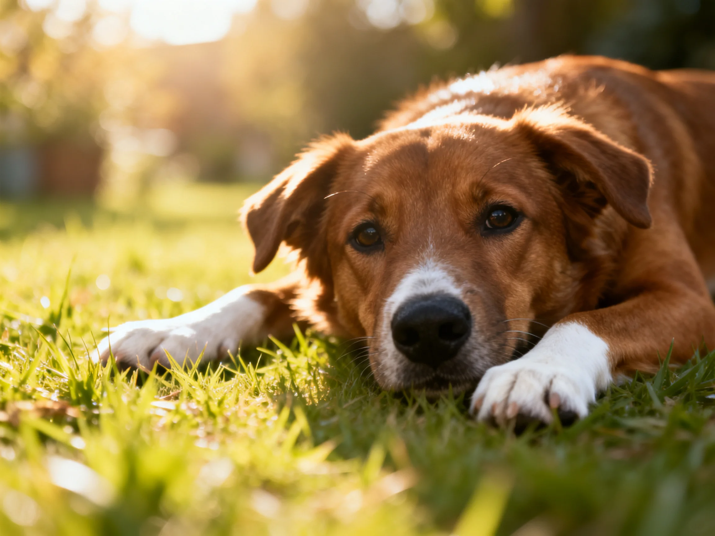 A brown dog with white paws rests on sunlit grass