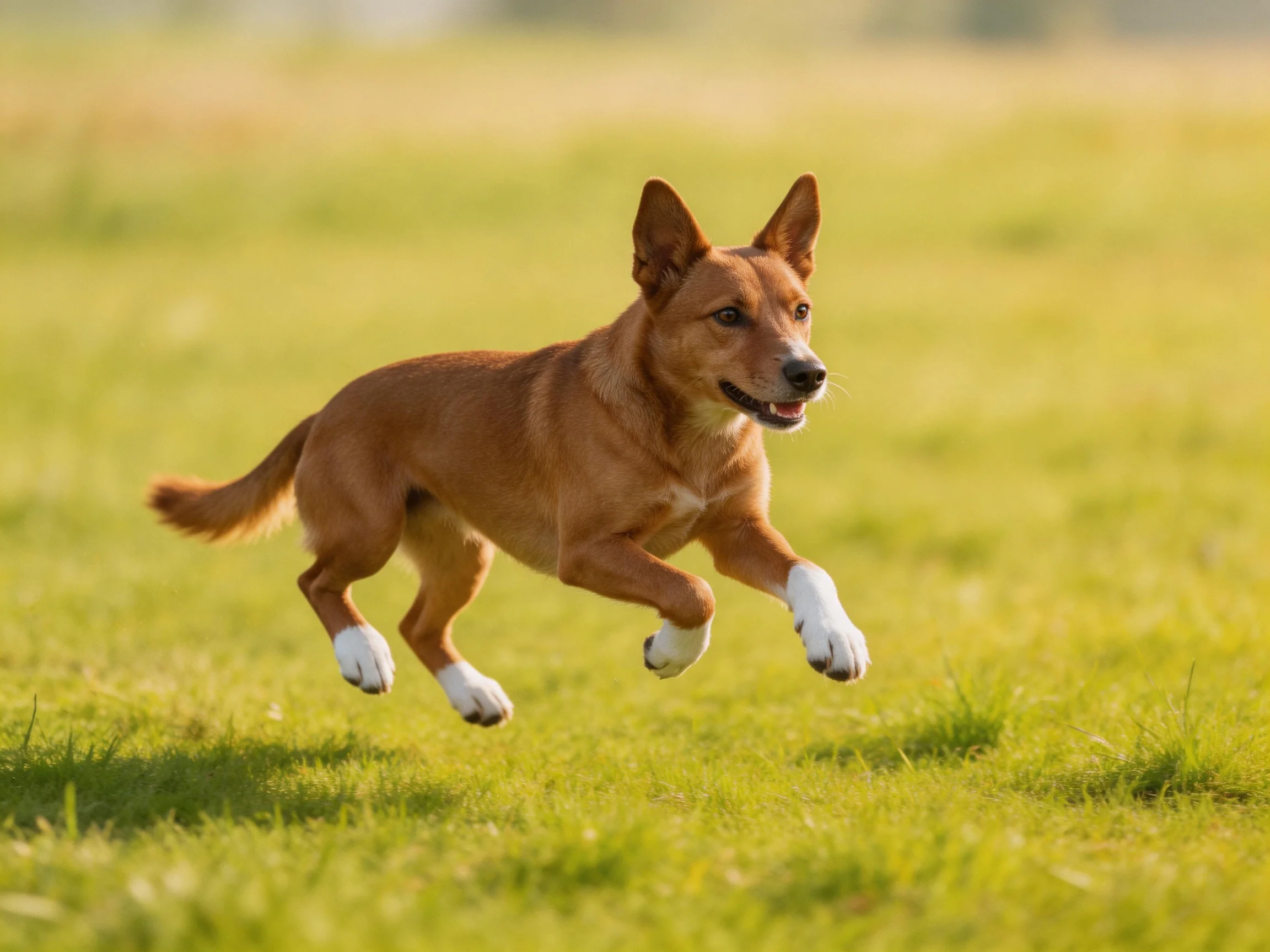 A brown dog with white paws runs through a sunlit green field
