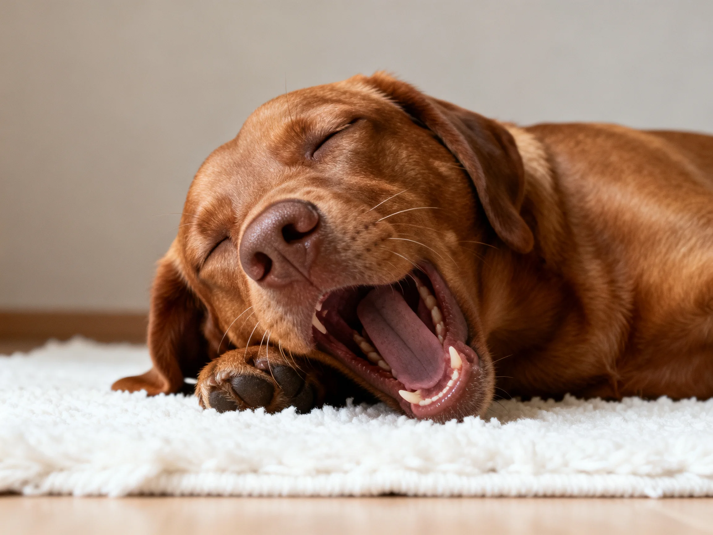 A brown dog yawns while resting on a soft white rug.