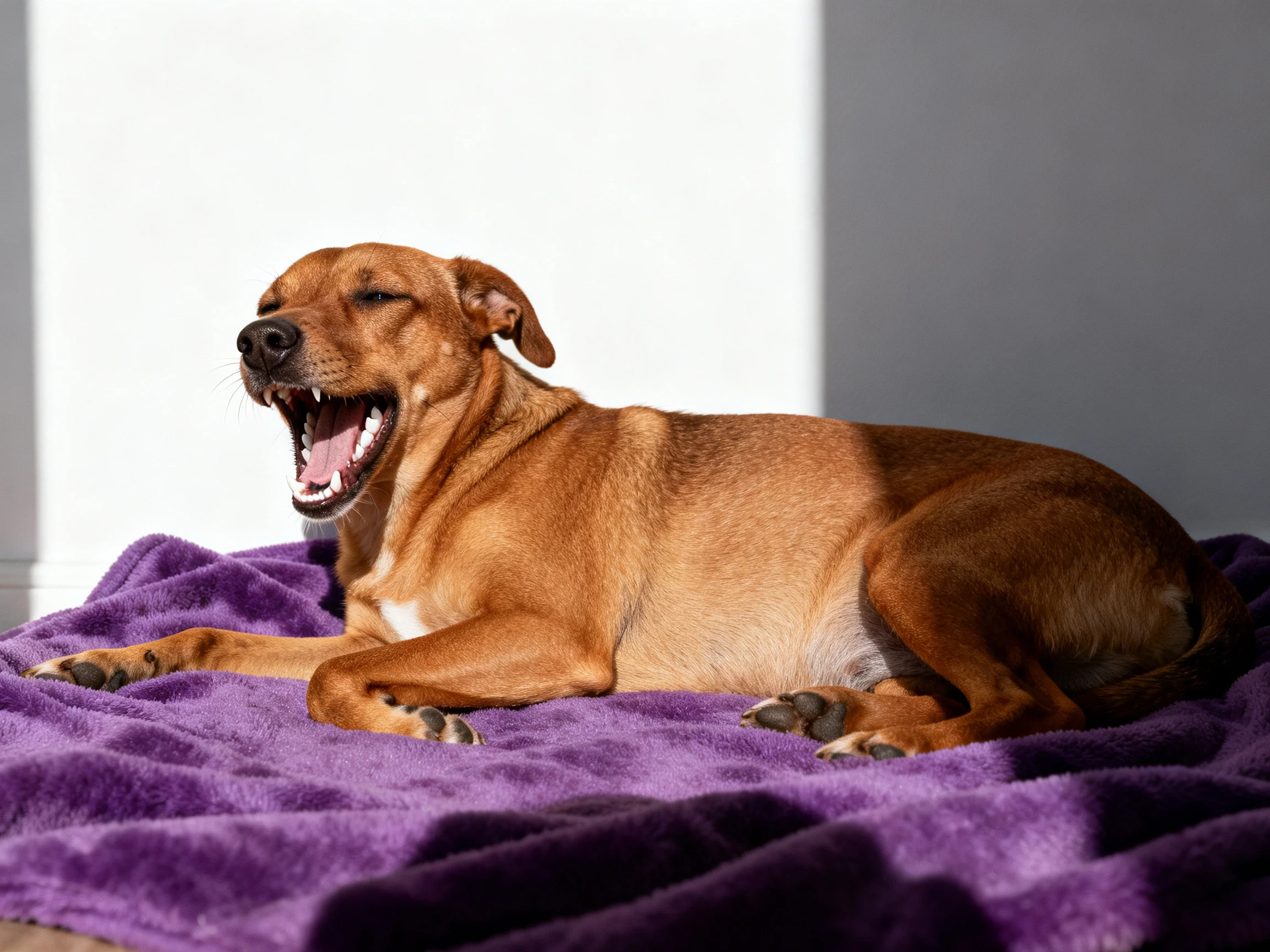 A brown dog yawns on a plush purple blanket near white and gray walls