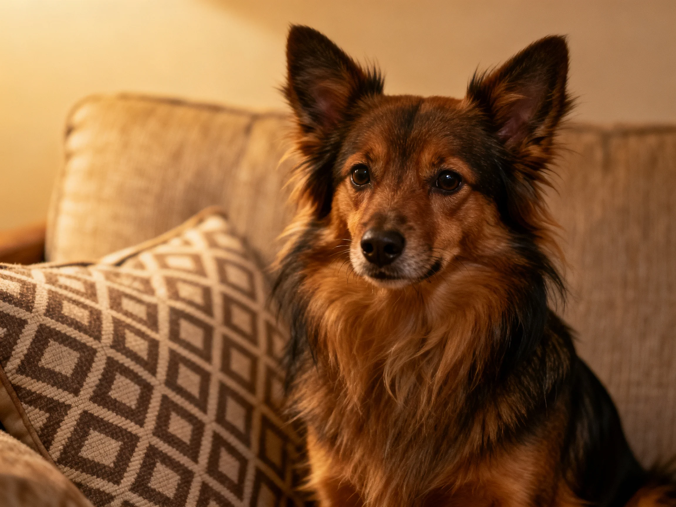 A brown-furred dog sits beside a diamond-patterned pillow on a beige couch