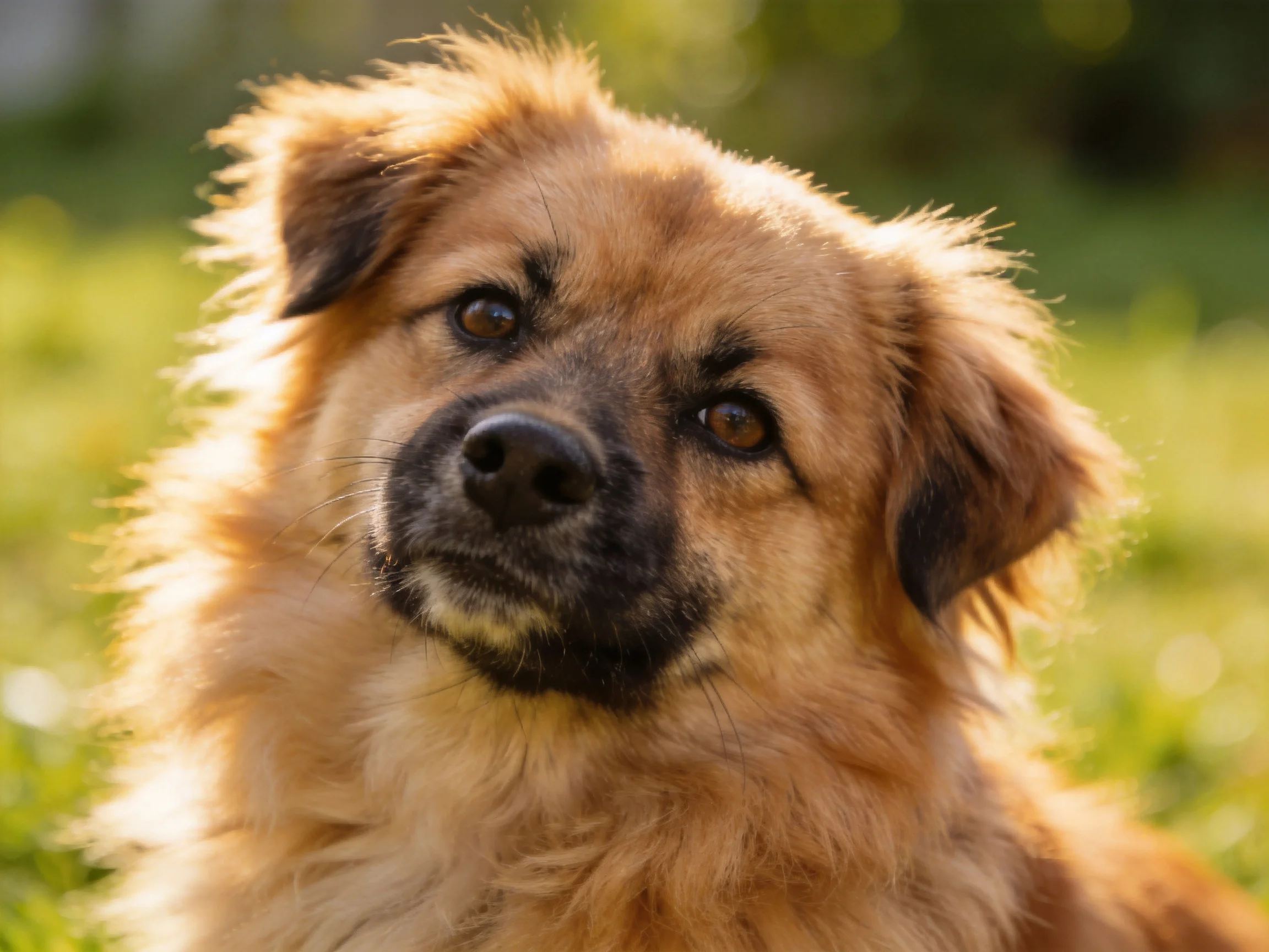 A brown-furred dog with dark facial markings in a sunlit outdoor setting