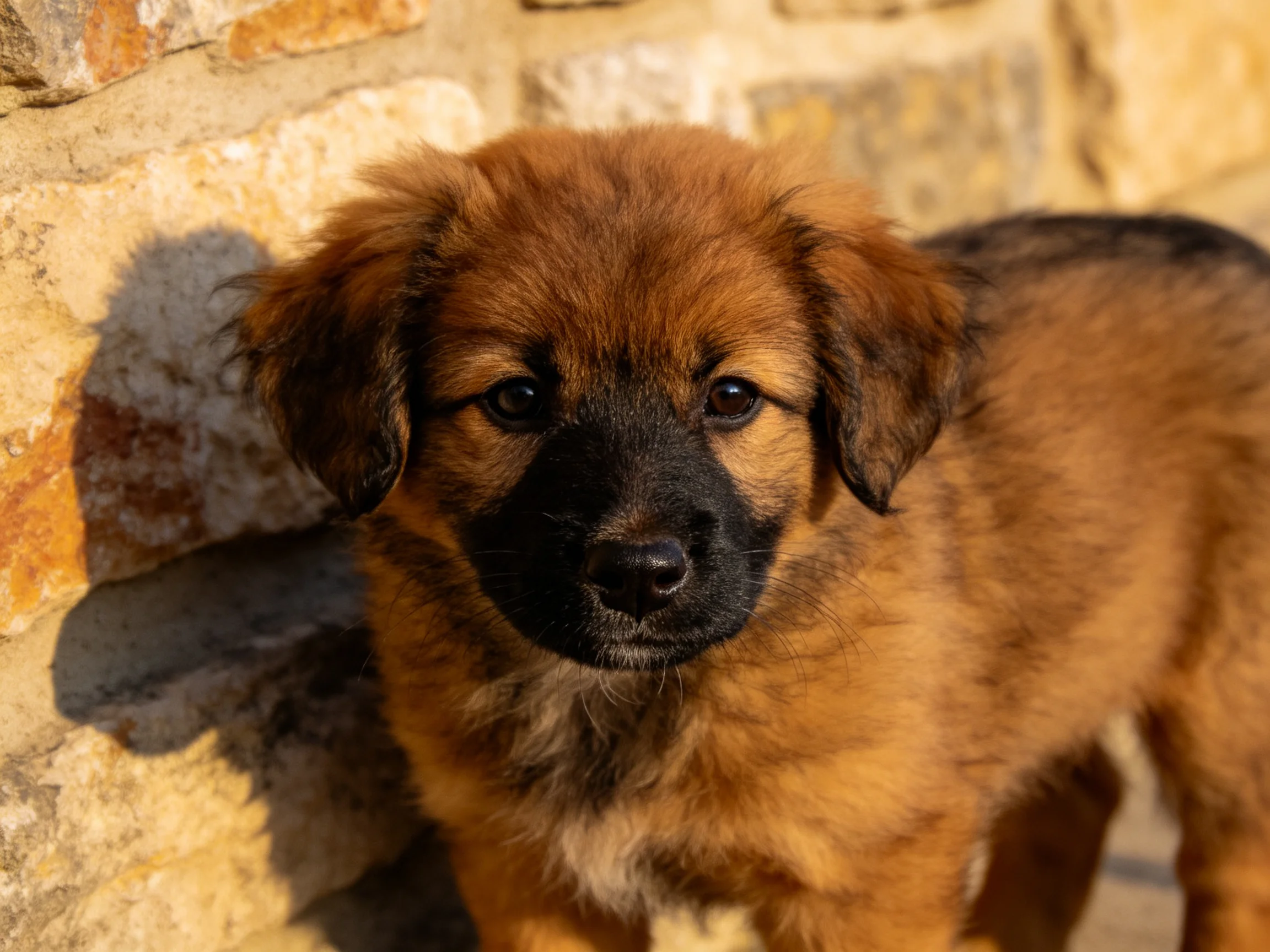 A brown-furred puppy near a weathered stone wall
