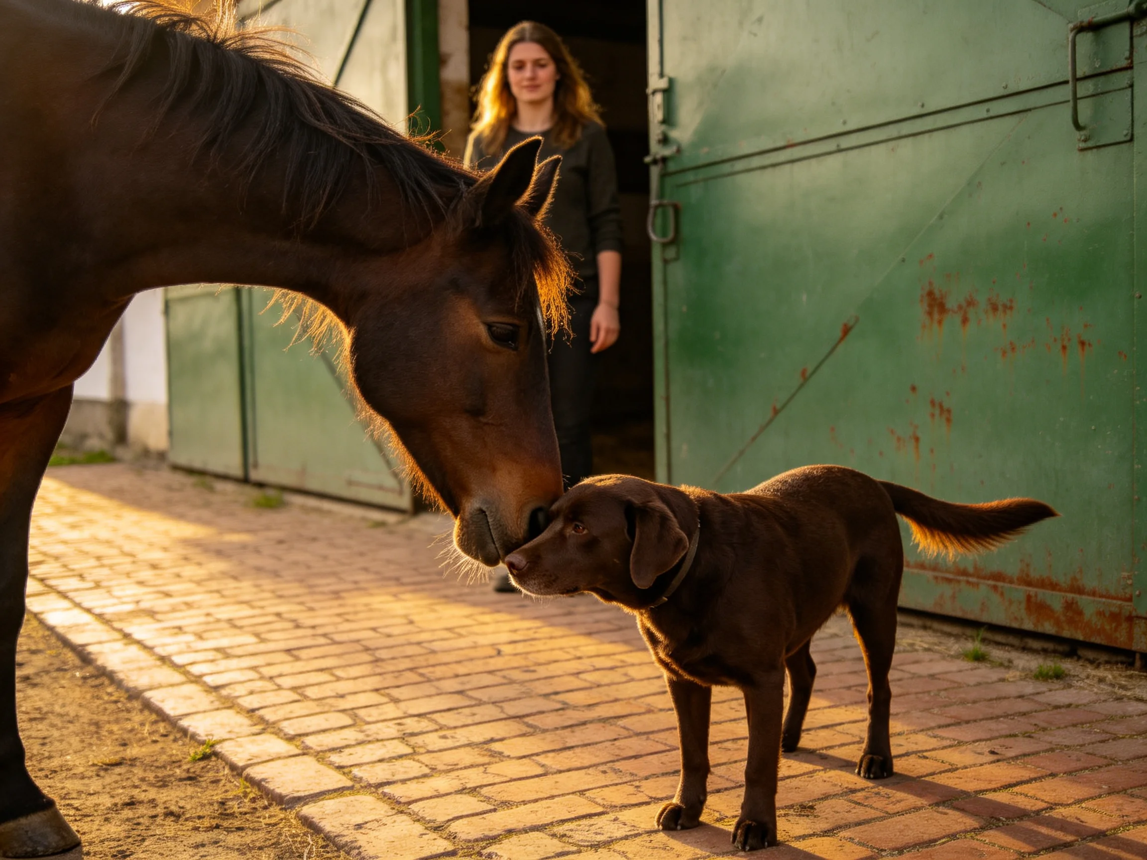 A brown horse nuzzles a chocolate dog by green stable doors
