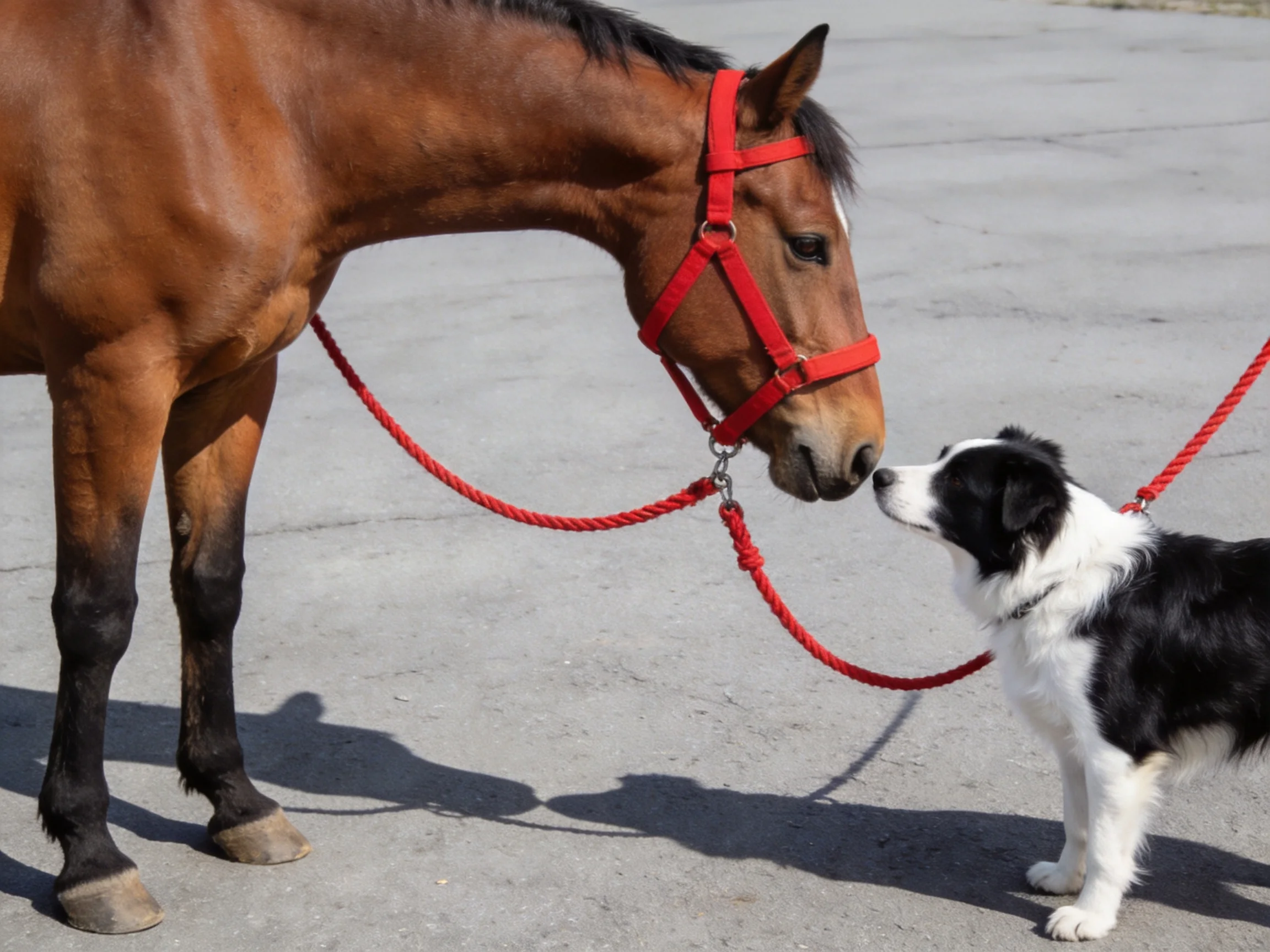 A brown horse with red gear encounters a black - white dog on a gray pavement