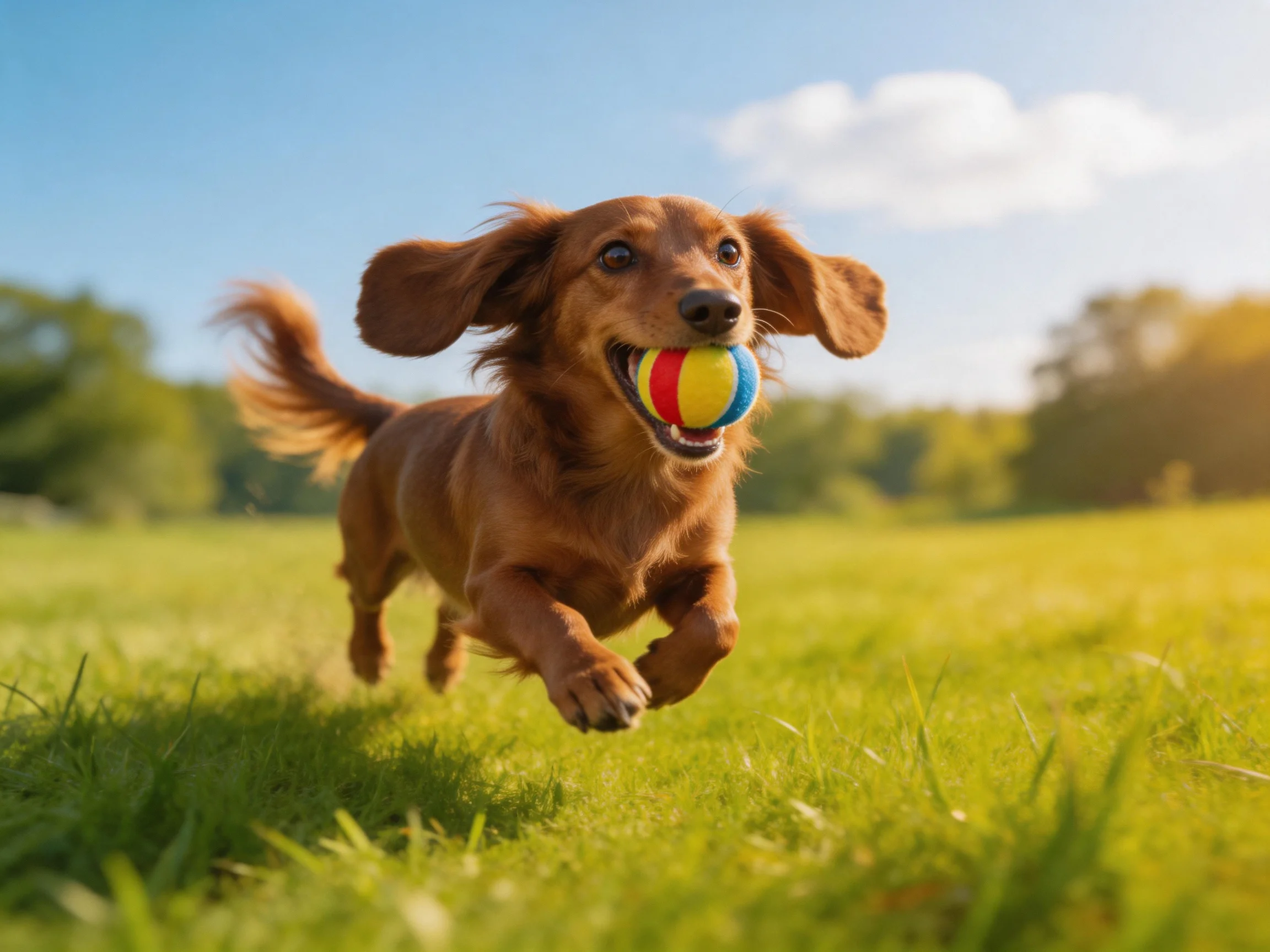 A brown dog carries a vibrant ball while sprinting through a sunlit grassy area.