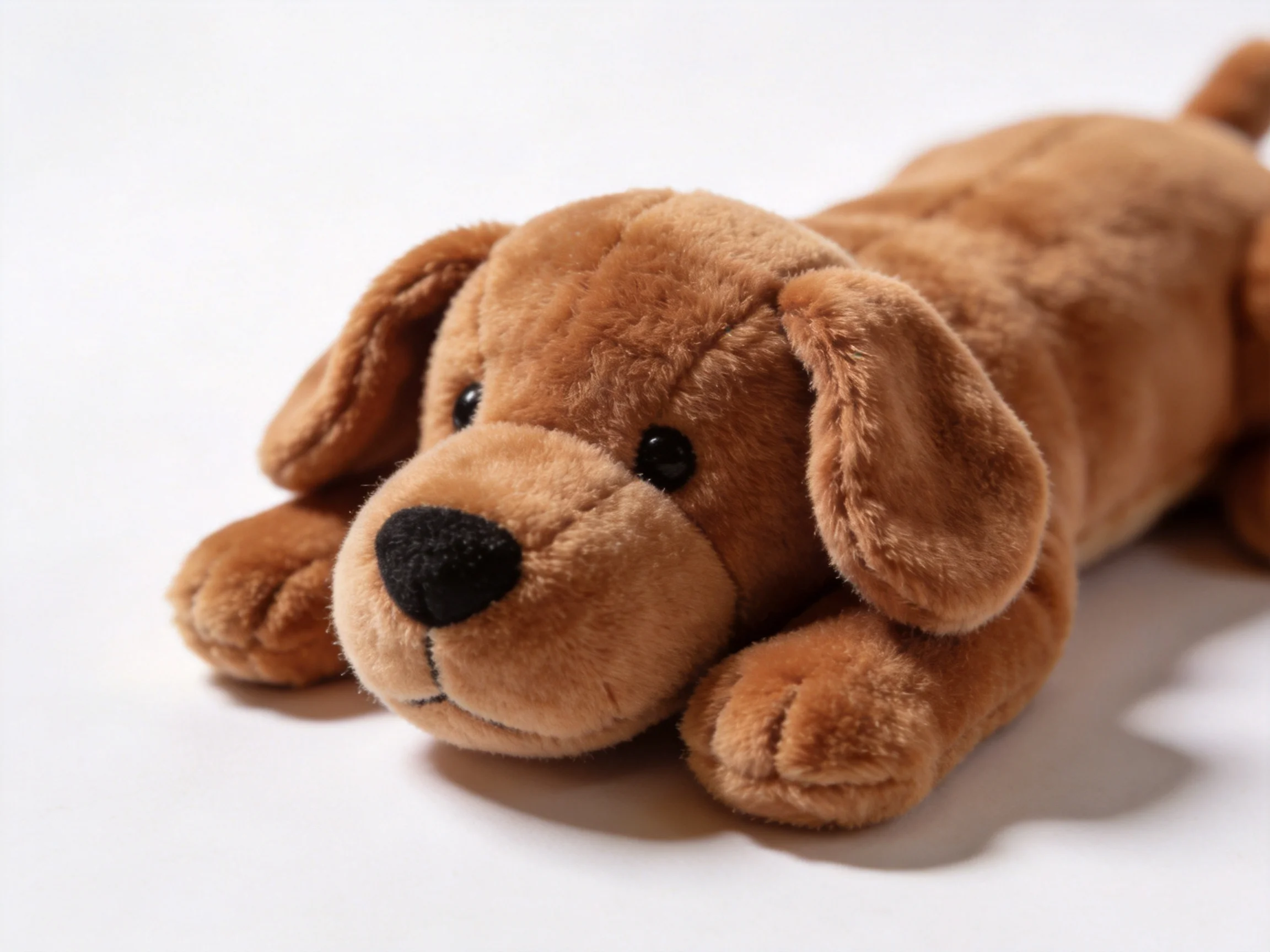 A brown plush dog toy rests on a plain white surface.