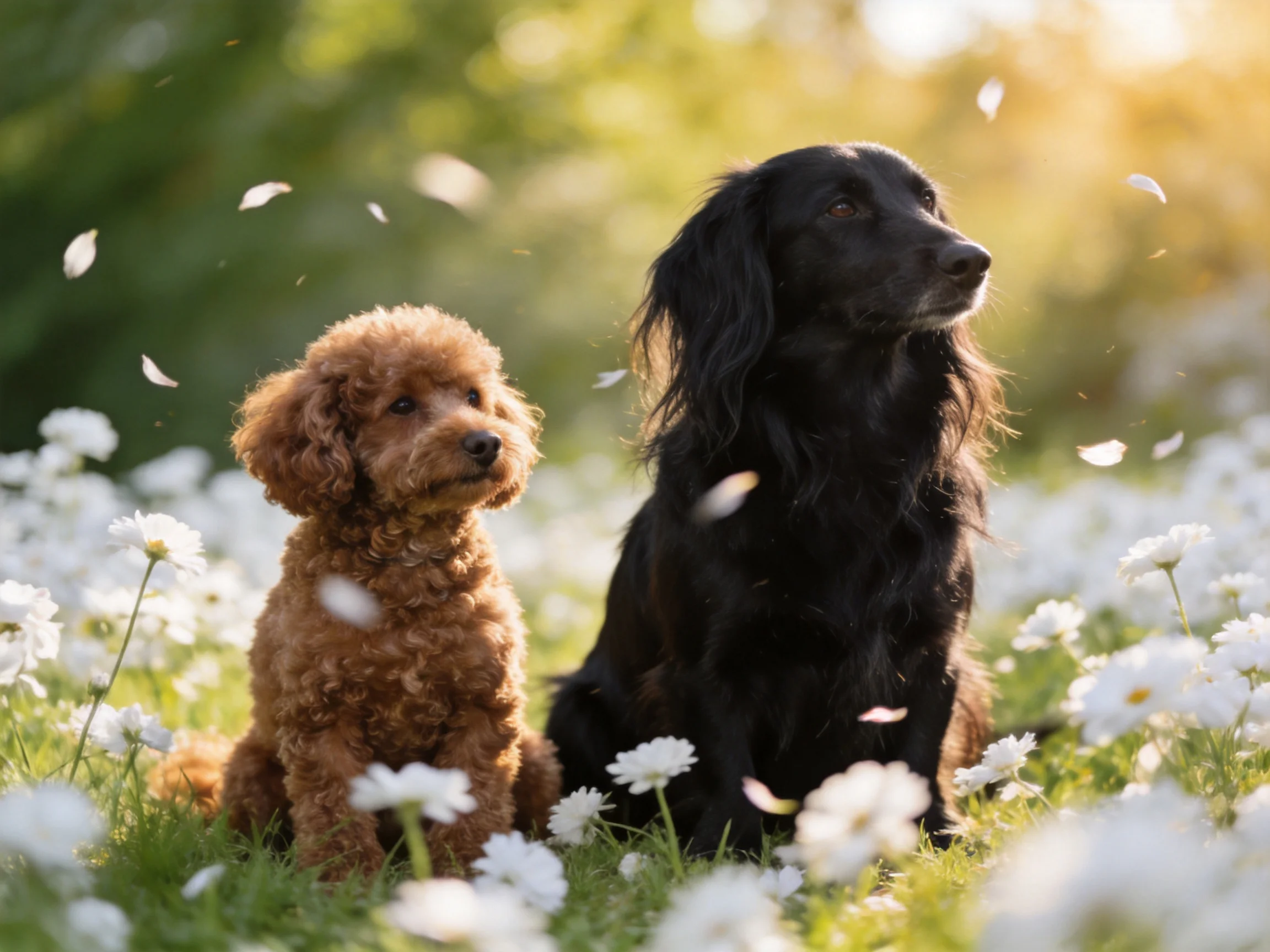 A brown poodle and a black dog sit amid white flowers in a sunlit meadow