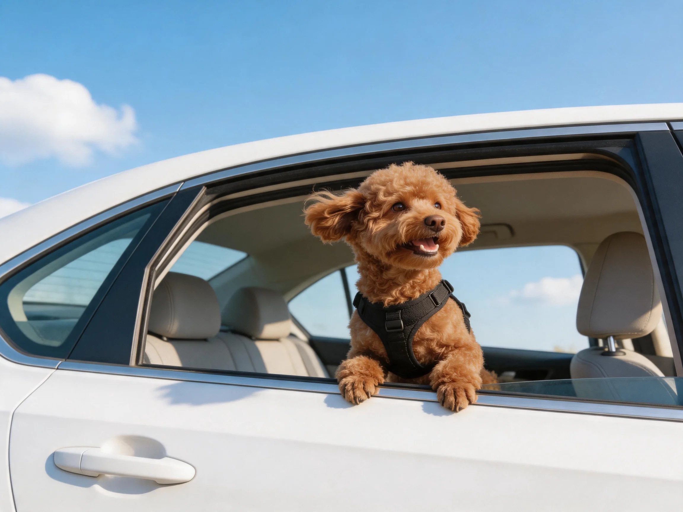 A brown poodle in a black harness sticks out of a white car’s open window