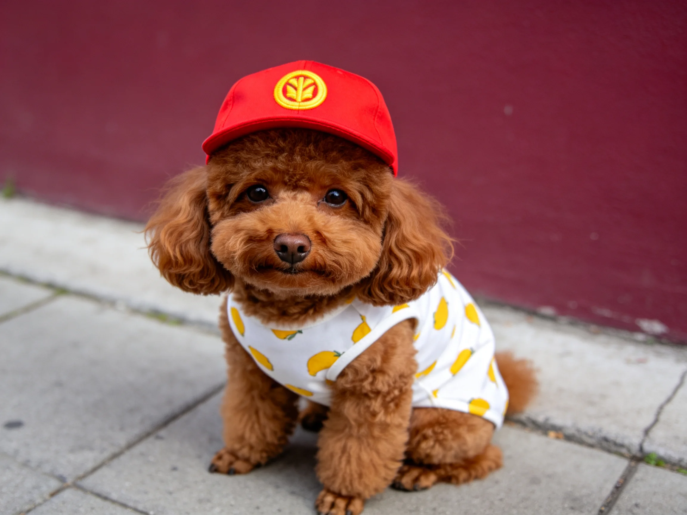 A brown poodle in a red cap and lemon-print outfit