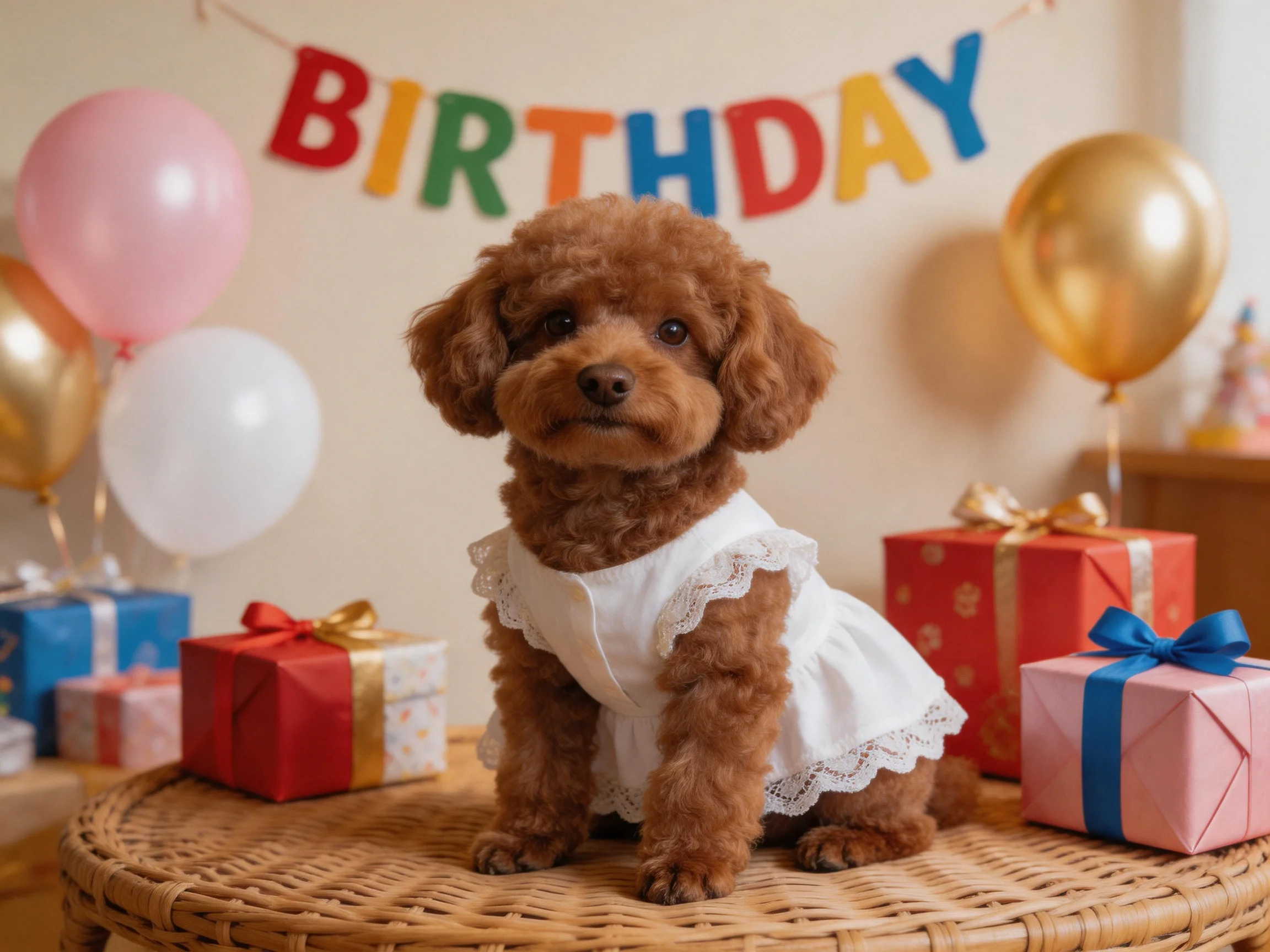 A brown poodle in a white lace dress sits among colorful birthday presents and balloons