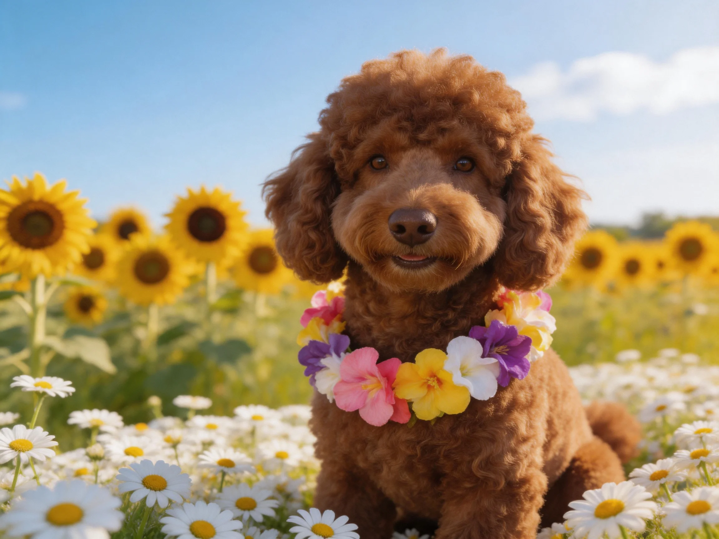 A brown poodle wearing a colorful flower garland amid sunflowers and daisies