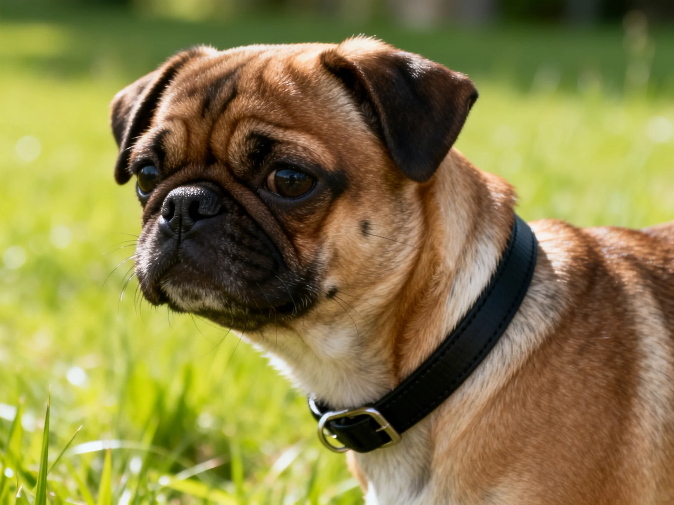 A brown pug with a black collar in a sunlit green meadow