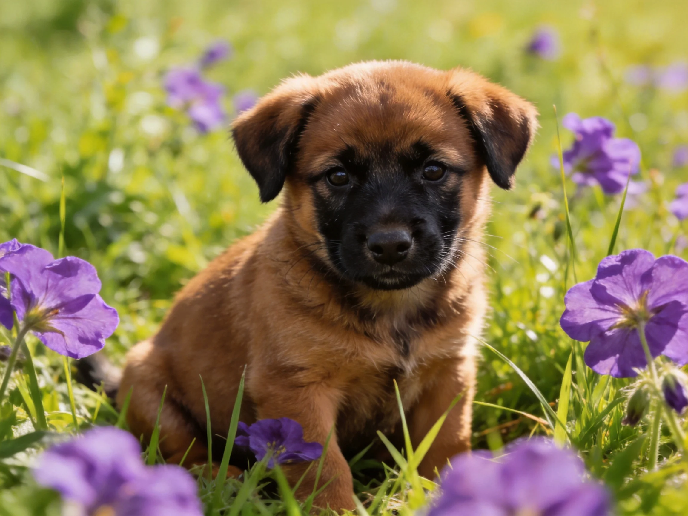 A brown puppy amidst vibrant purple flowers in a sunlit meadow