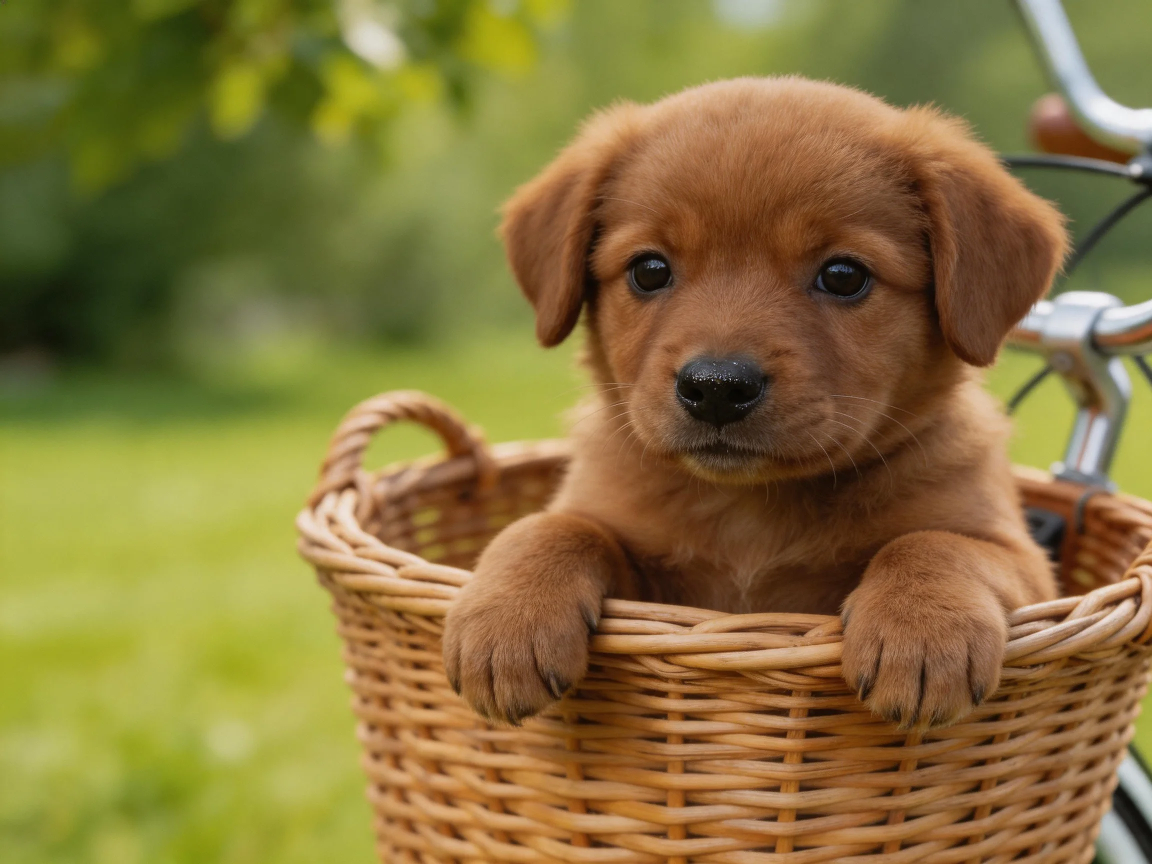 A brown puppy in a wicker basket attached to a bicycle