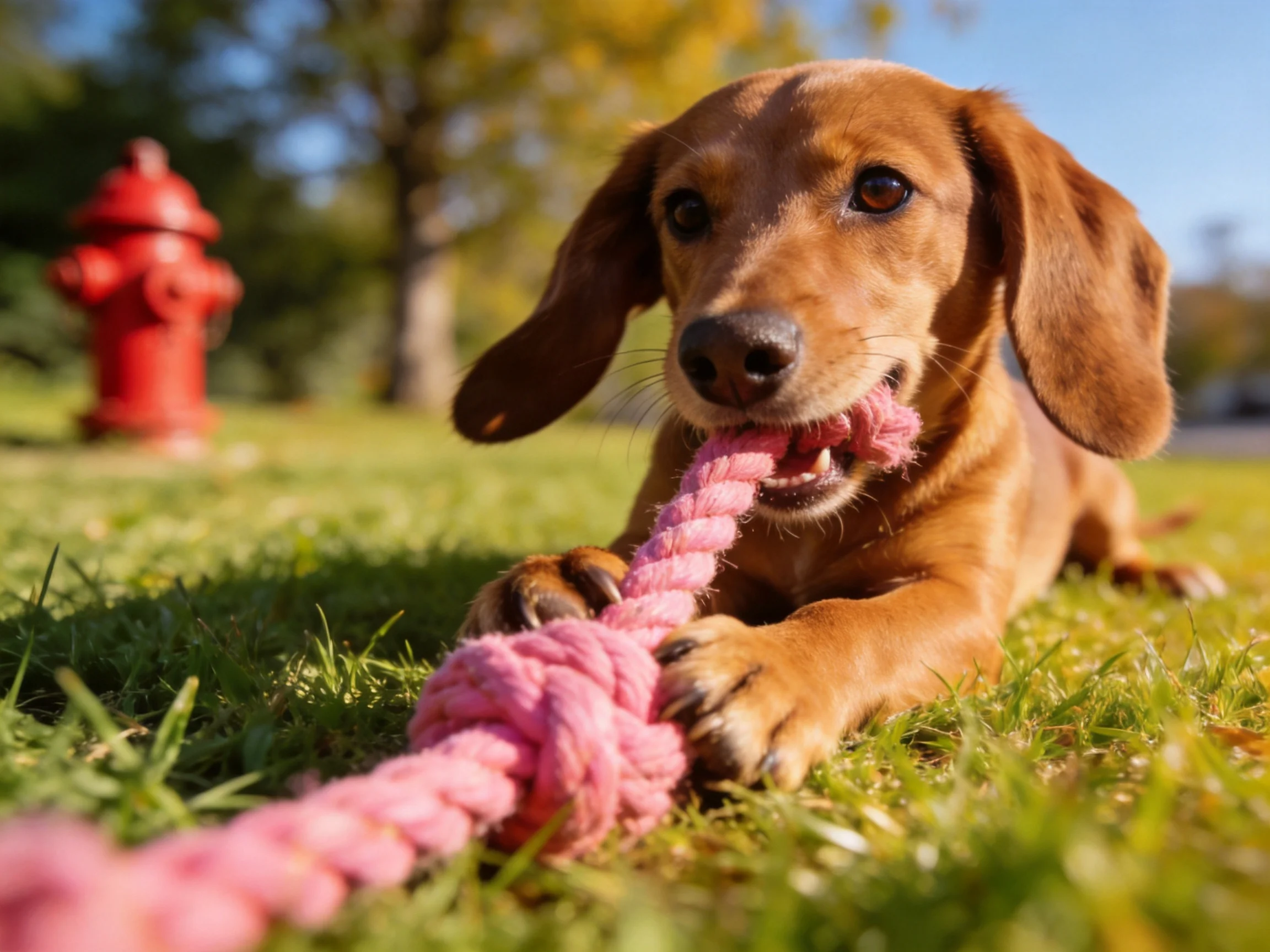 A brown puppy chews a pink rope toy near a red fire hydrant on grass.