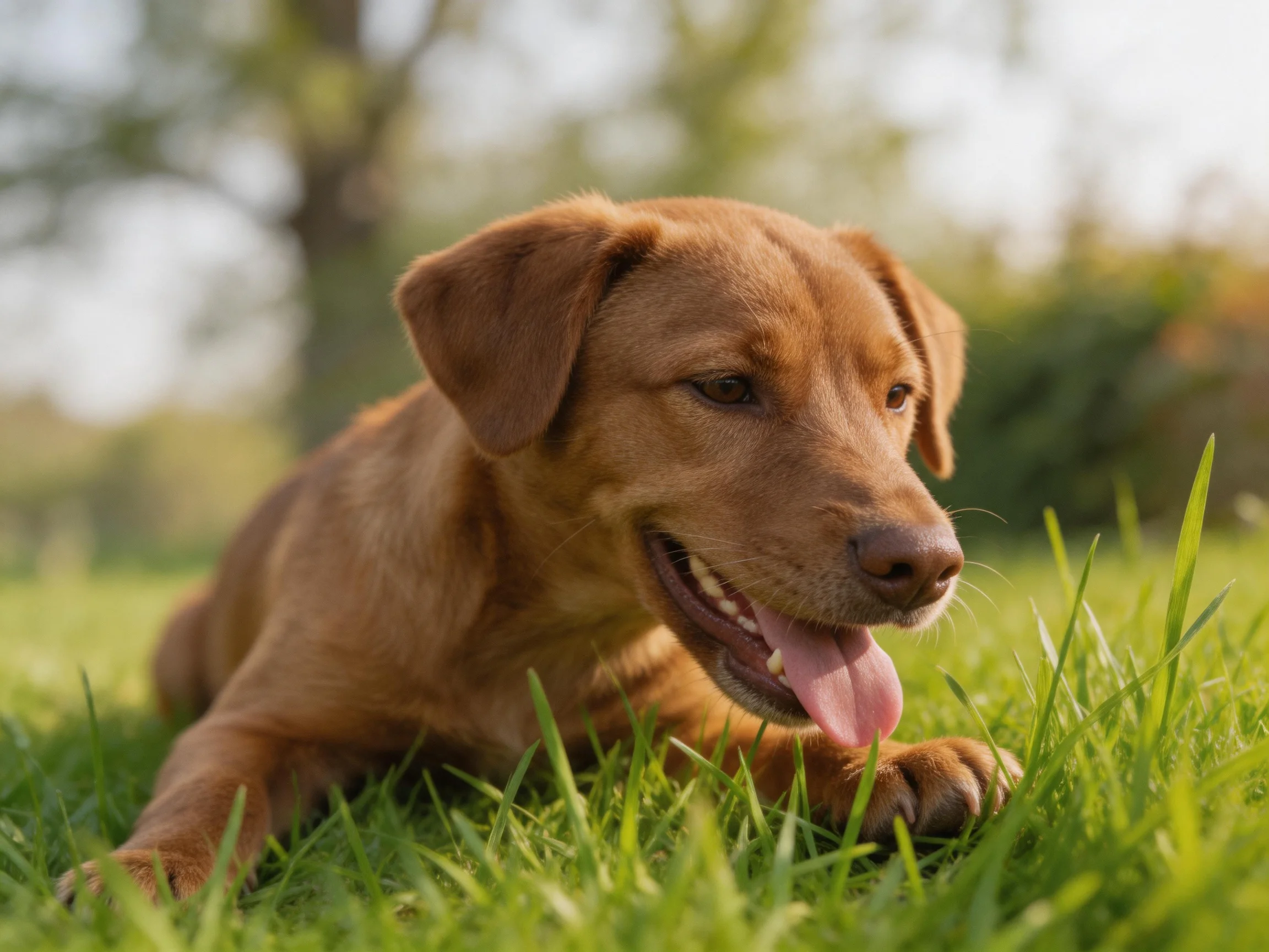 A brown puppy relaxes on lush green grass under bright sunlight