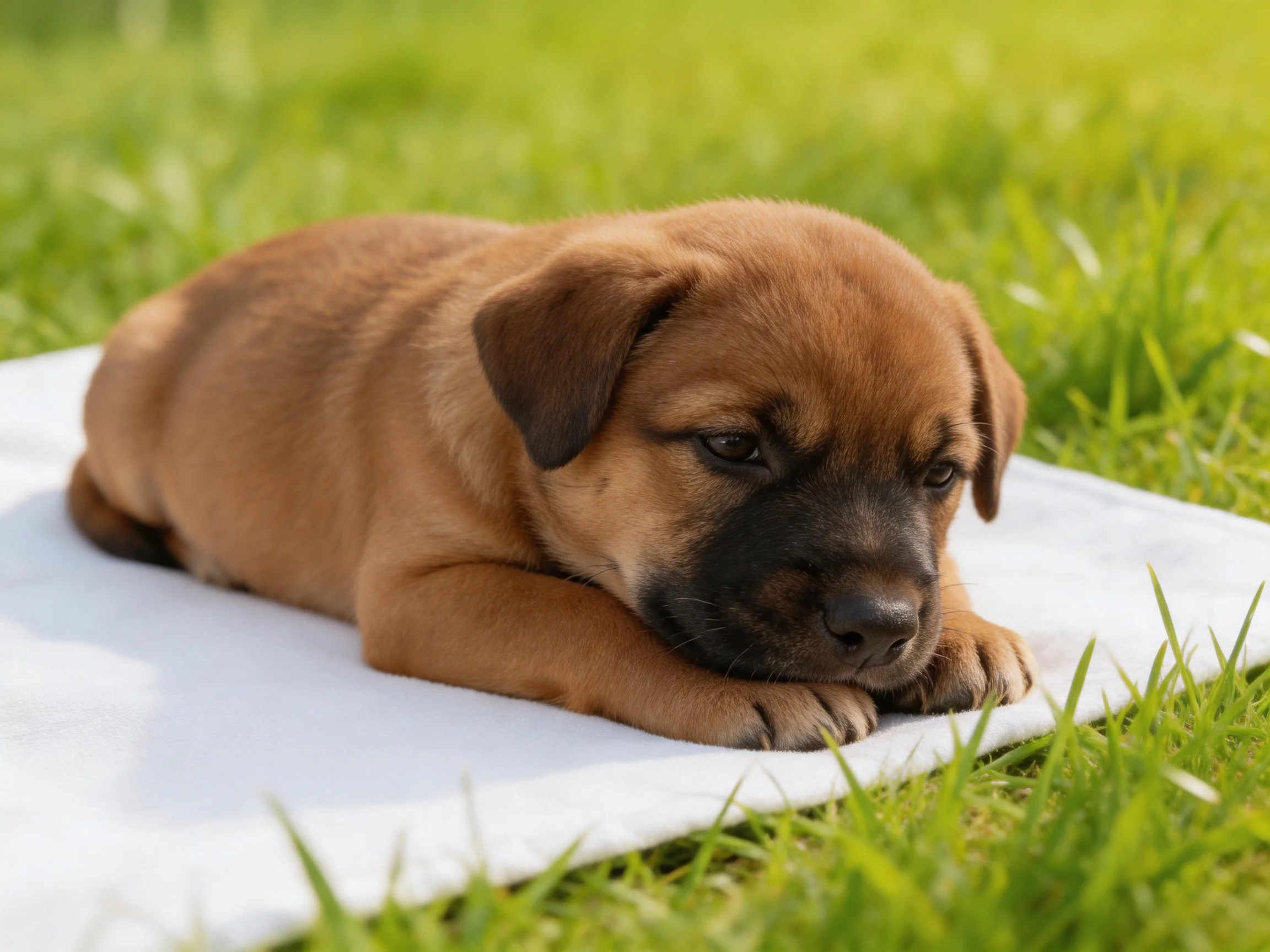 A brown puppy rests on a white cloth in a grassy area